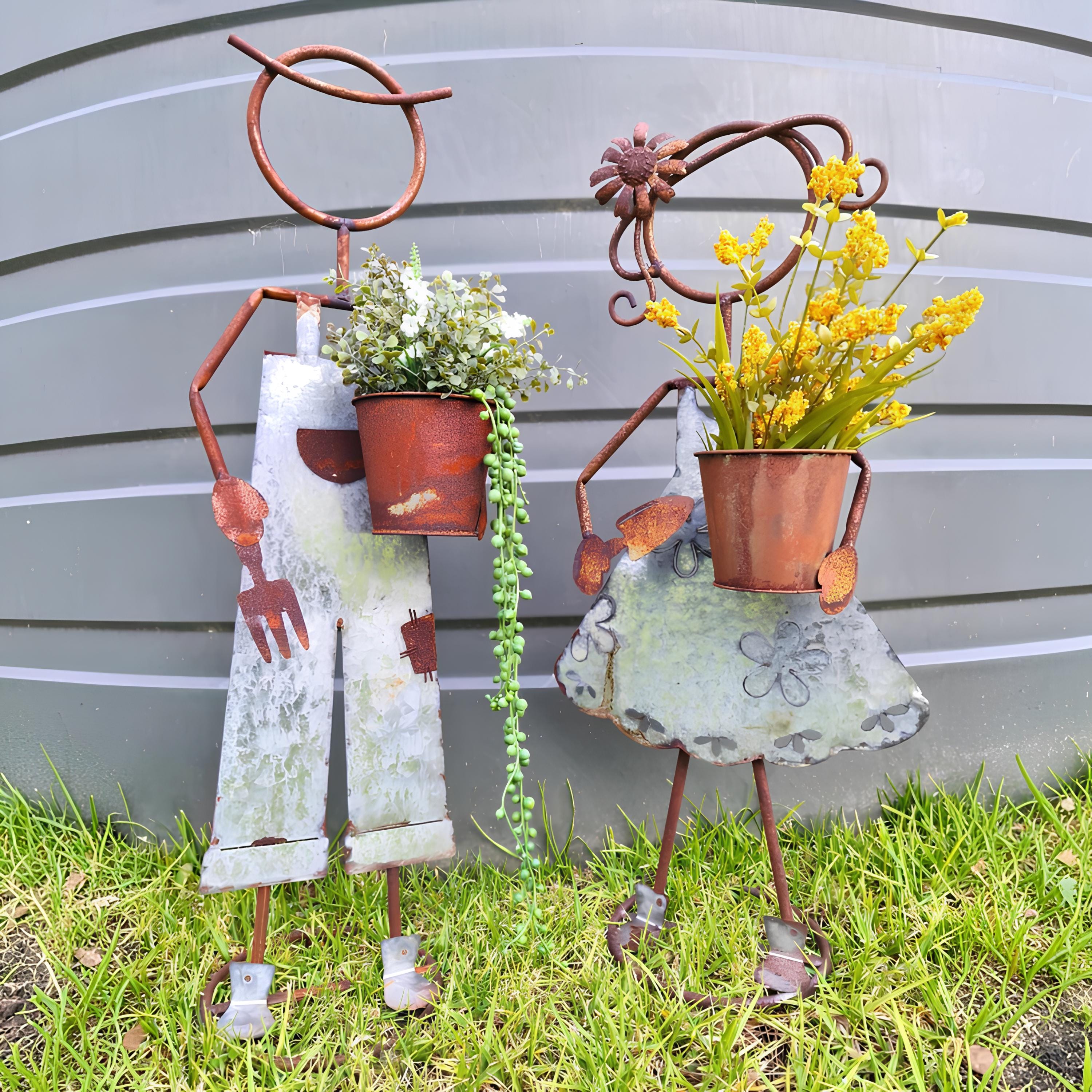 32"H Rustic Metal Garden Statues: Handcrafted Boy & Girl Sculpture Set