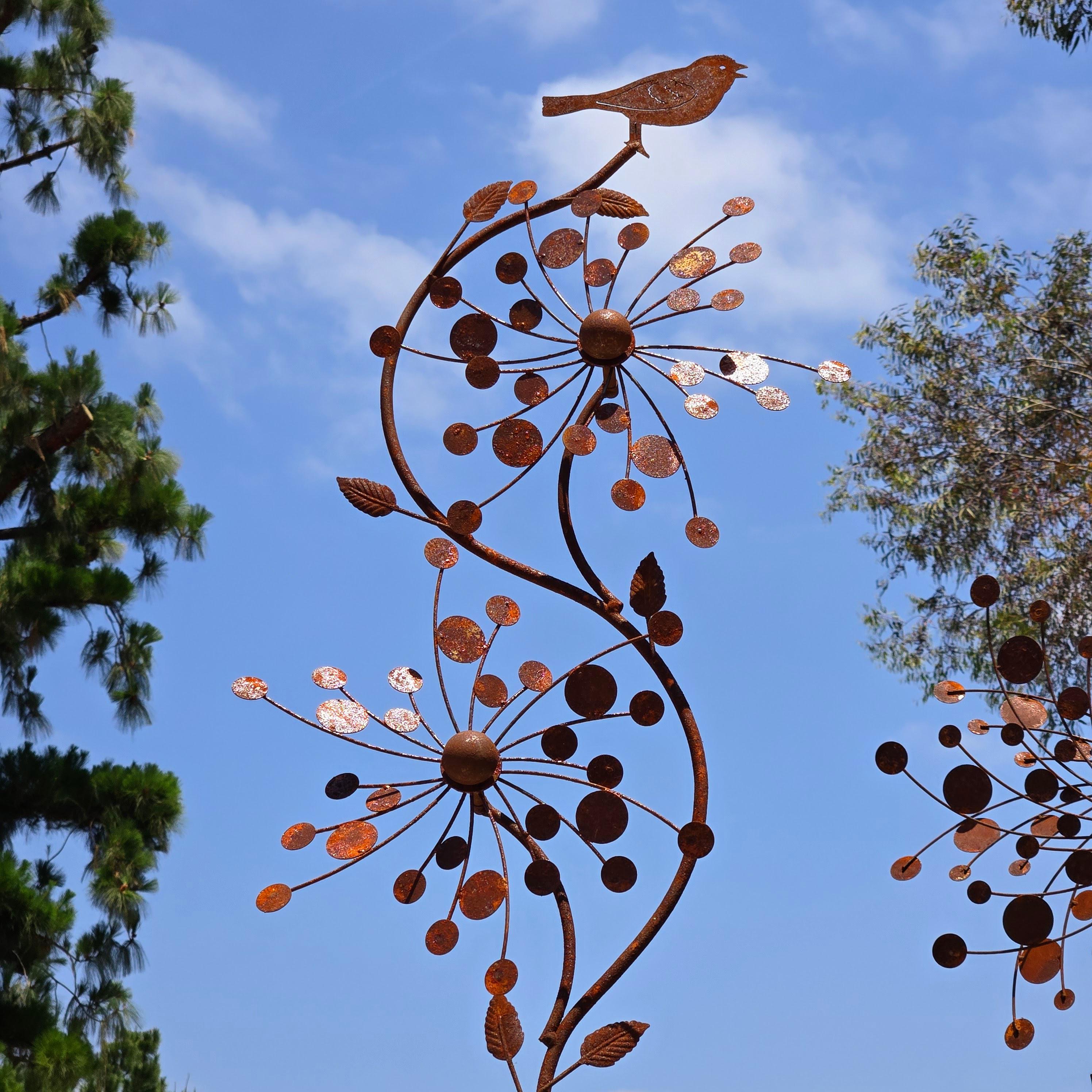 Rustic Metal Bird & Flower Wind Spinner: Weatherproof Garden Stake
