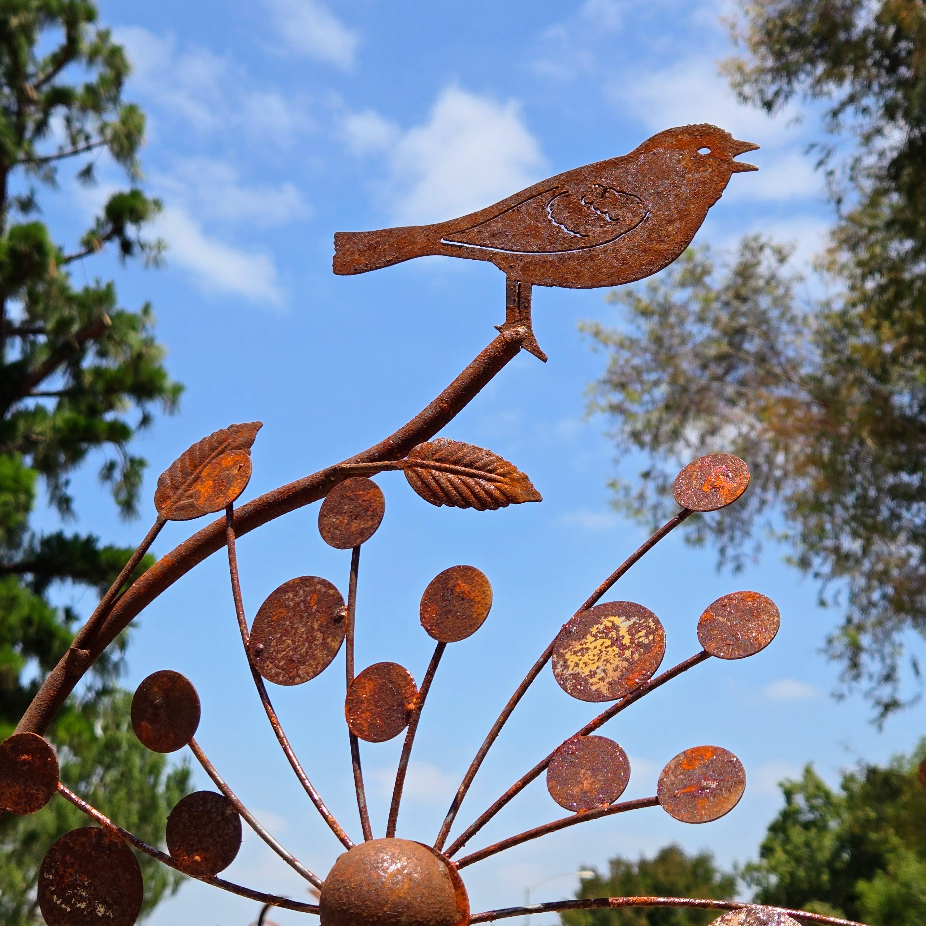 Rustic Metal Bird & Flower Wind Spinner: Weatherproof Garden Stake