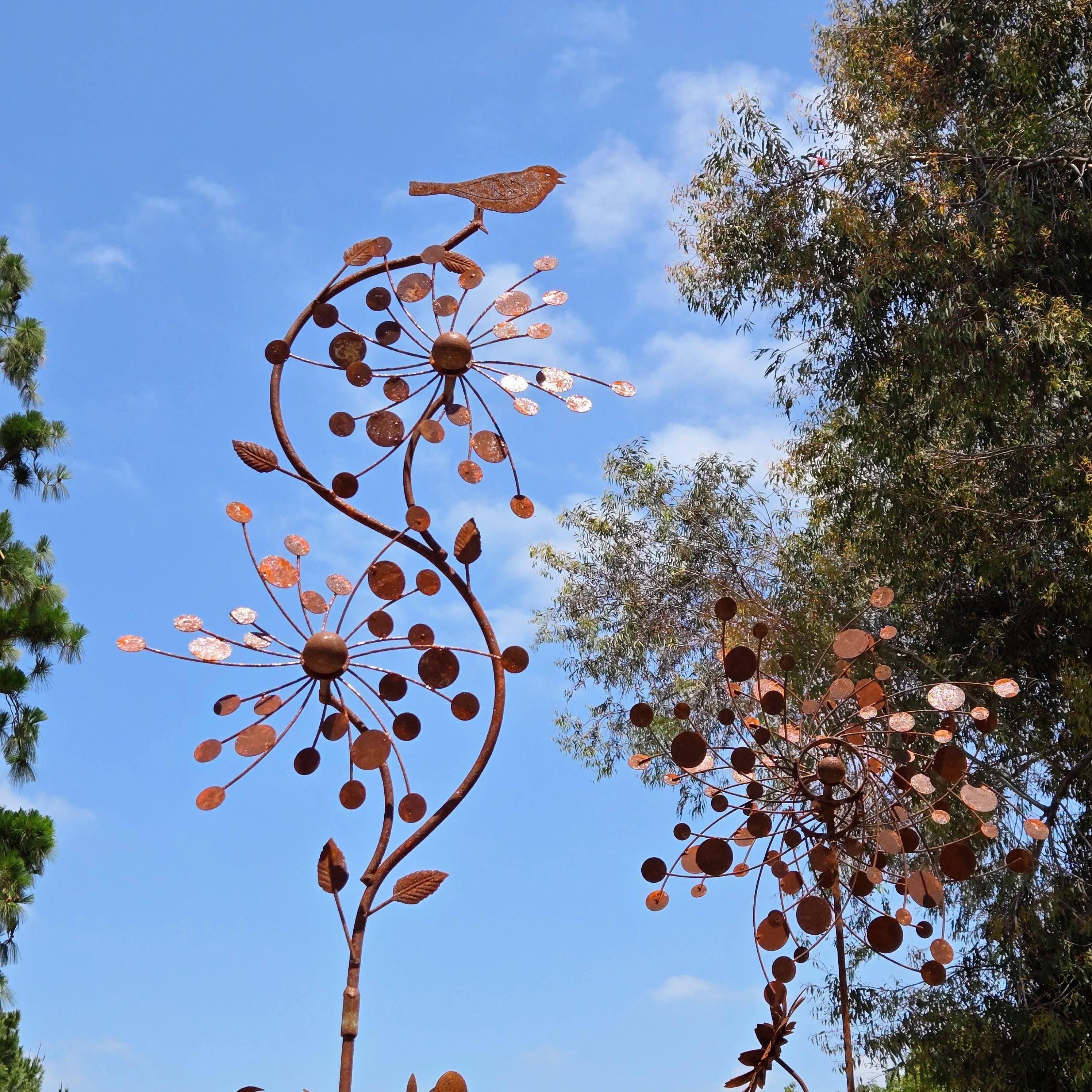 Rustic Metal Bird & Flower Wind Spinner: Weatherproof Garden Stake