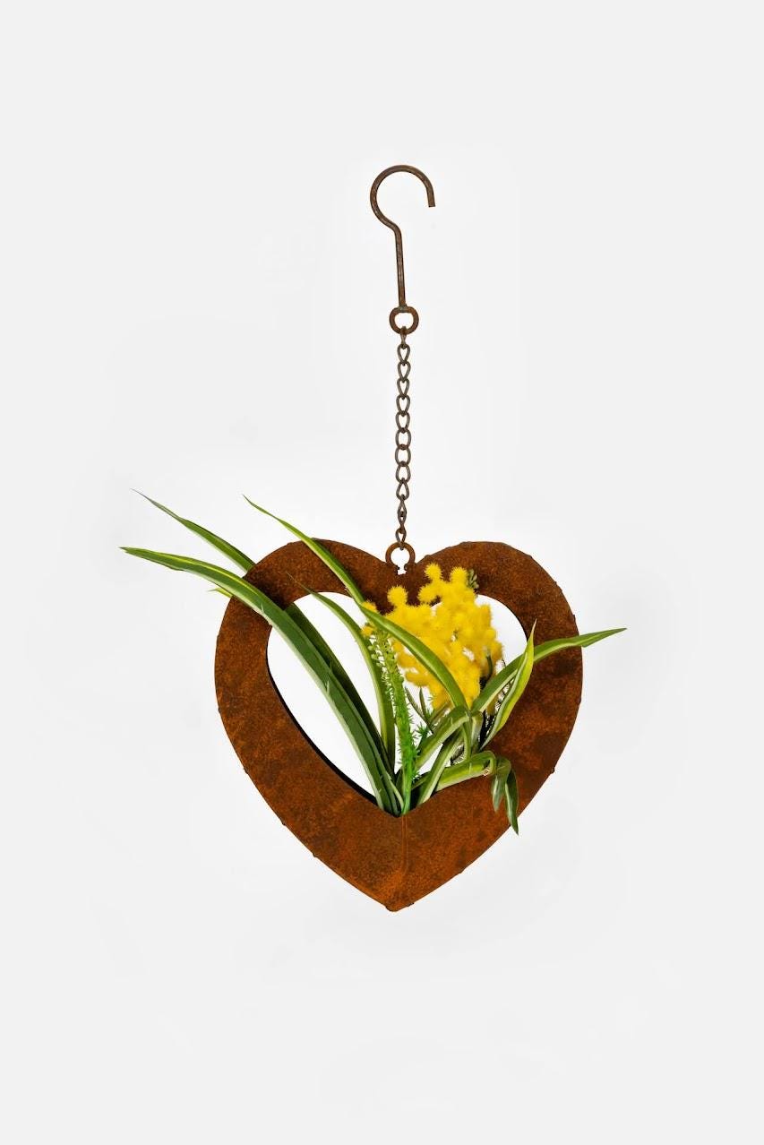 Rusted-style hanging heart-shaped planter