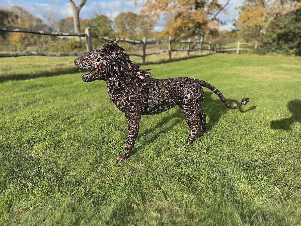 Large Metal Lion Sculpture – Rustic Steel Yard Art
