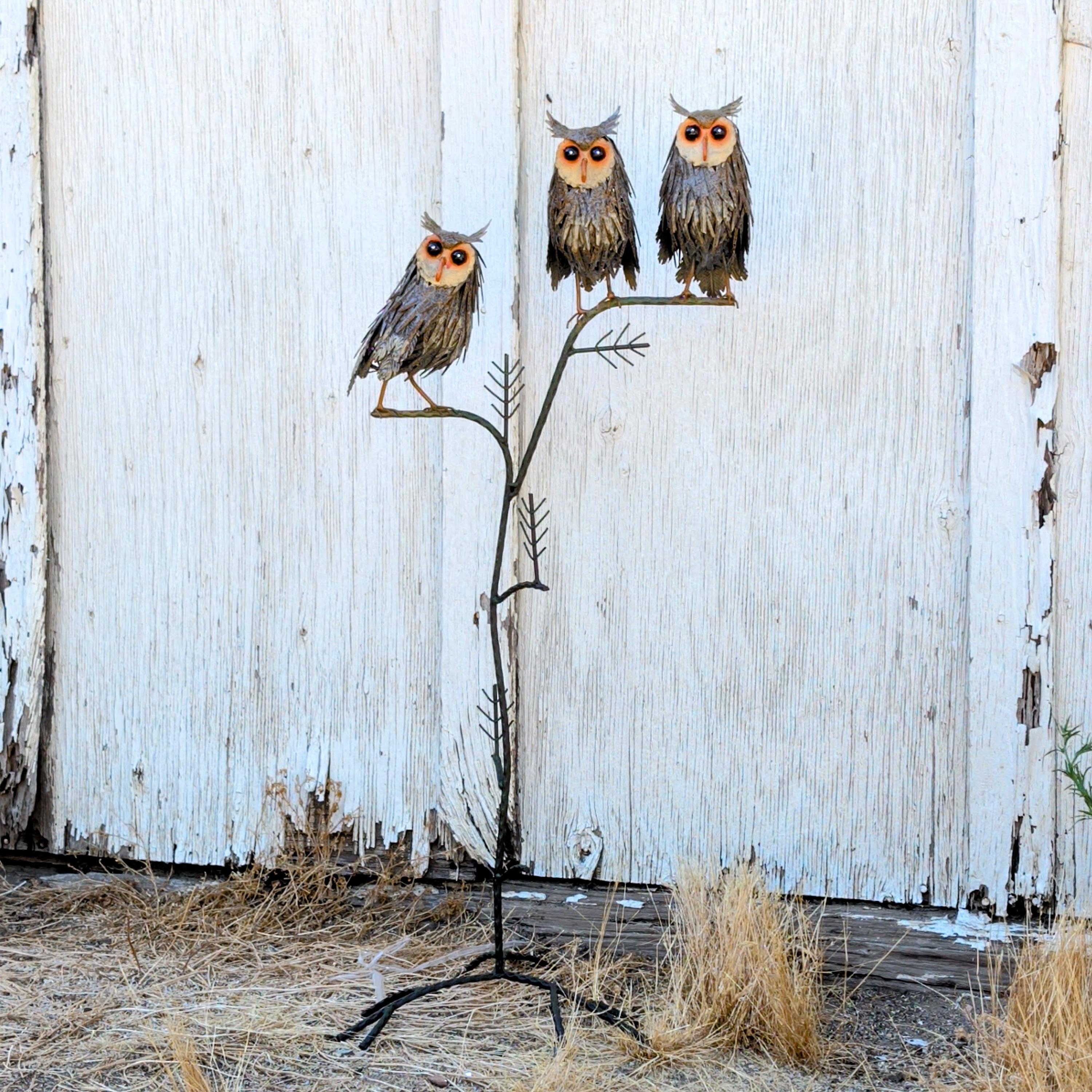 Handcrafted Metal Three Owls Garden Sculpture, Rustic Woodland Yard Art