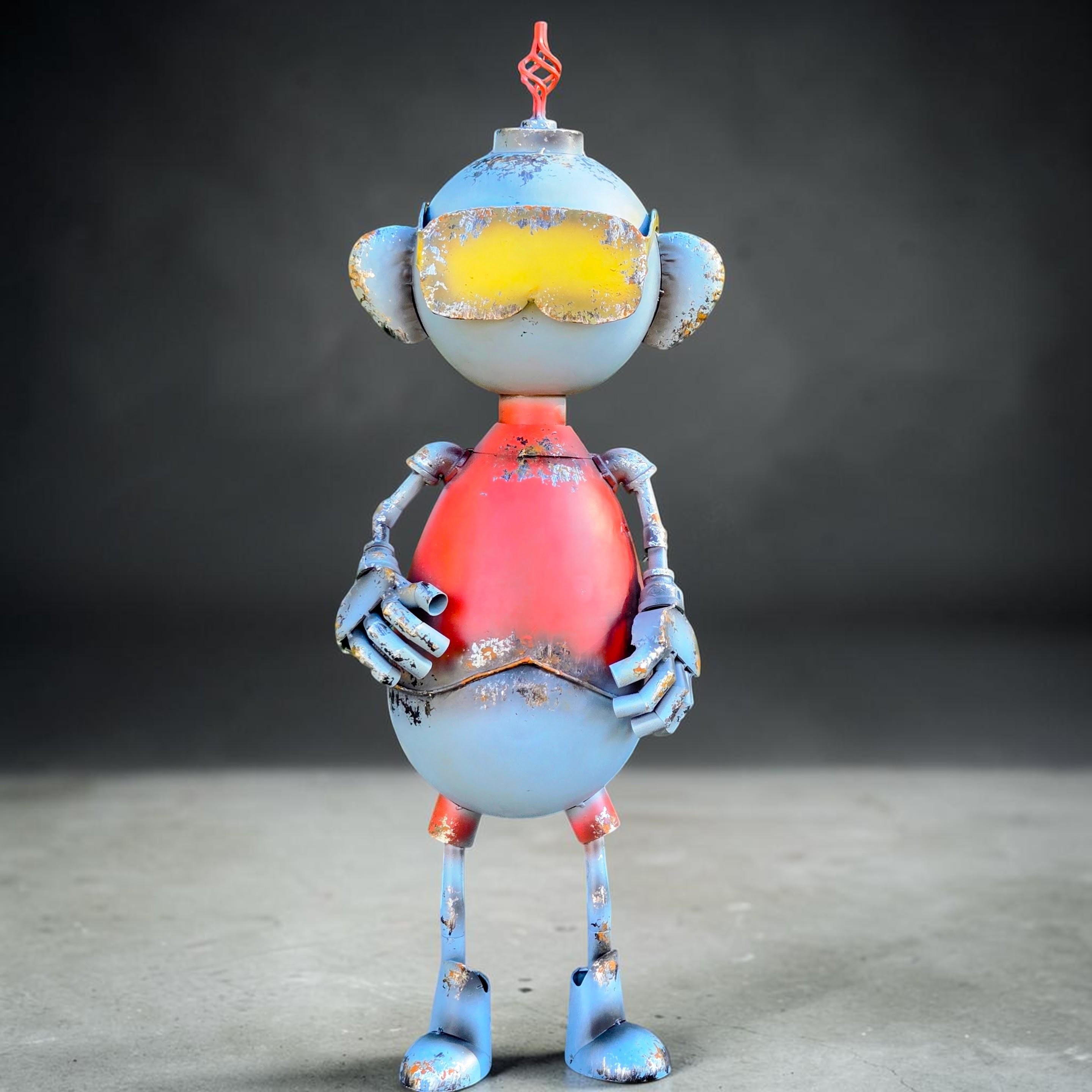 Big Belly Robot Sculpture, Welded Metal Yard Art, Rustic Industrial Steampunk Decor