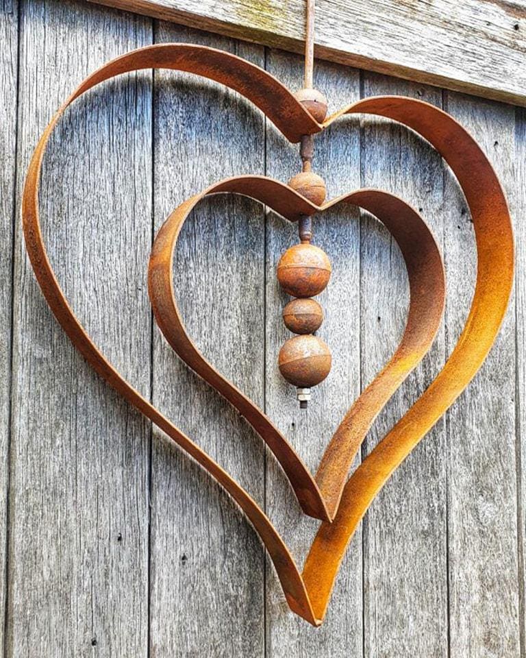Rusty Metal Double Heart Orb Garden Sculpture, Rustic Outdoor Decor