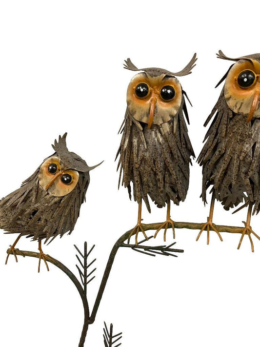 Handcrafted Metal Three Owls Garden Sculpture, Rustic Woodland Yard Art