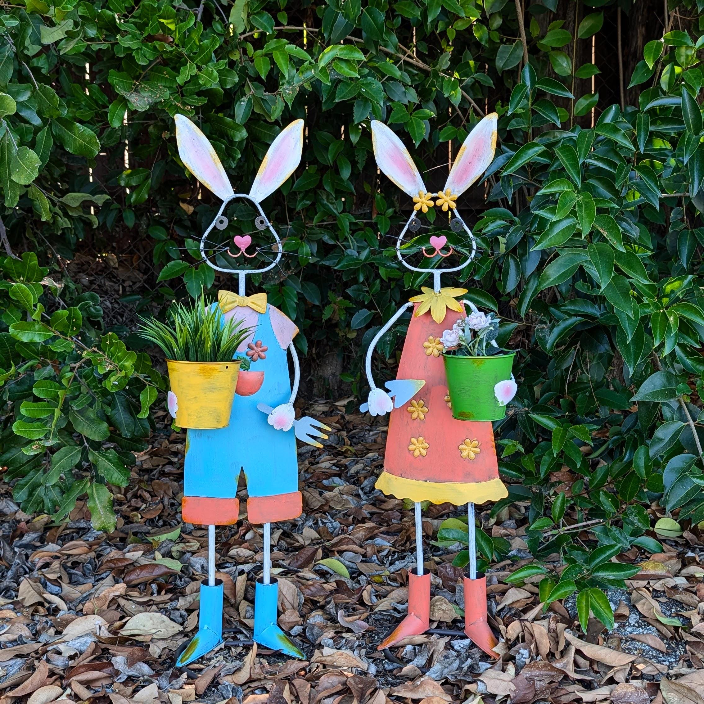 Set of 2 Hand-Painted Metal Bunny Planters, Whimsical Garden Decor Statues
