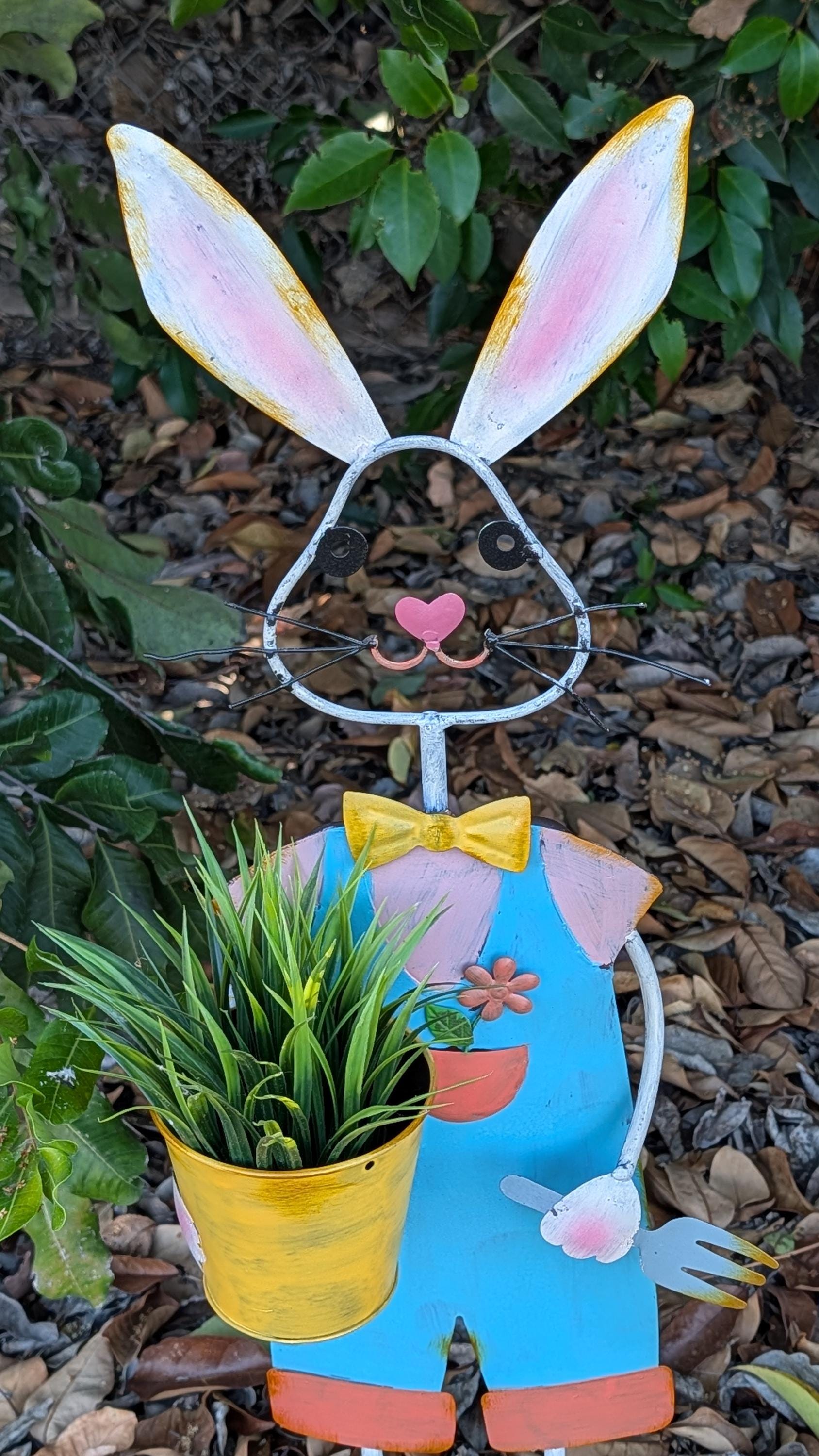 Set of 2 Hand-Painted Metal Bunny Planters, Whimsical Garden Decor Statues