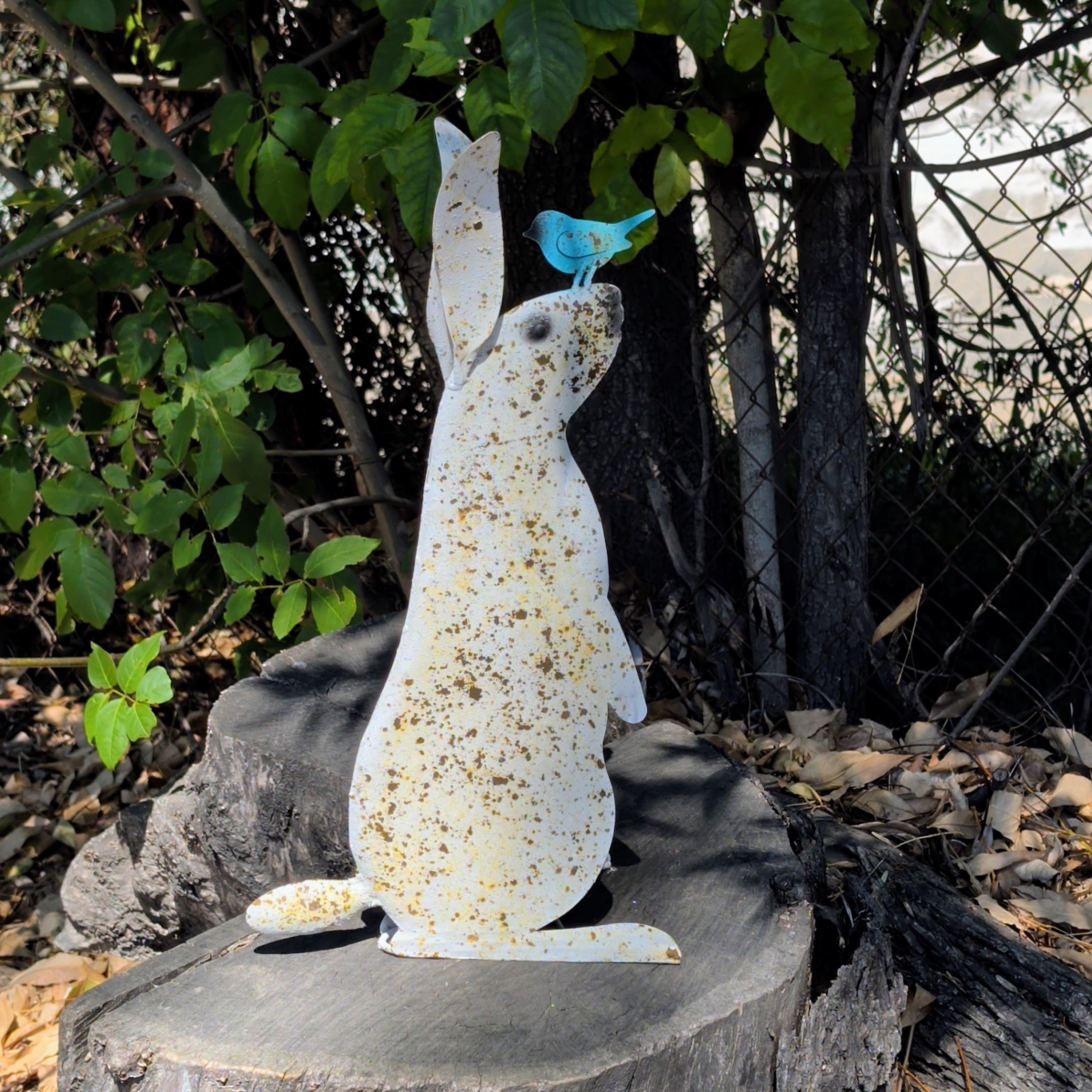 Metal Rabbit Garden Stake with Blue Bird, Rustic Bunny Yard Art, Cottage Decor