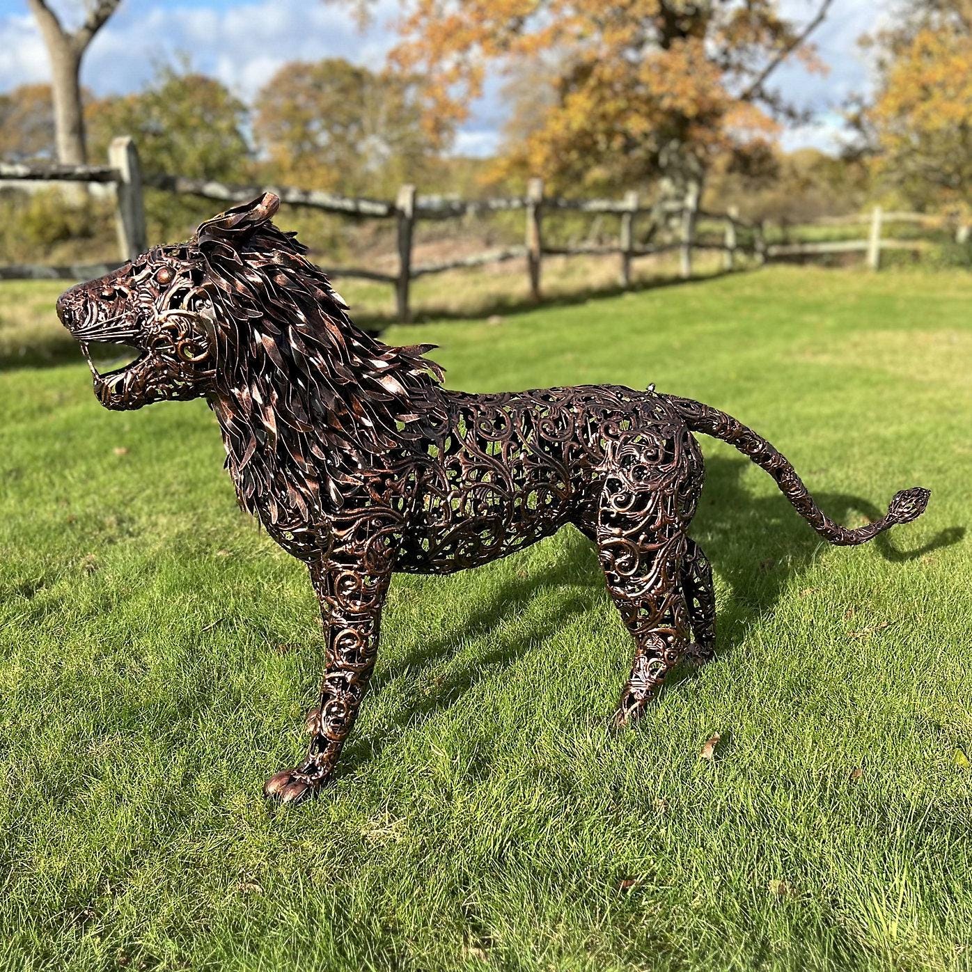 Large Metal Lion Sculpture, Rustic Steel Yard Art, Handcrafted Garden Decor