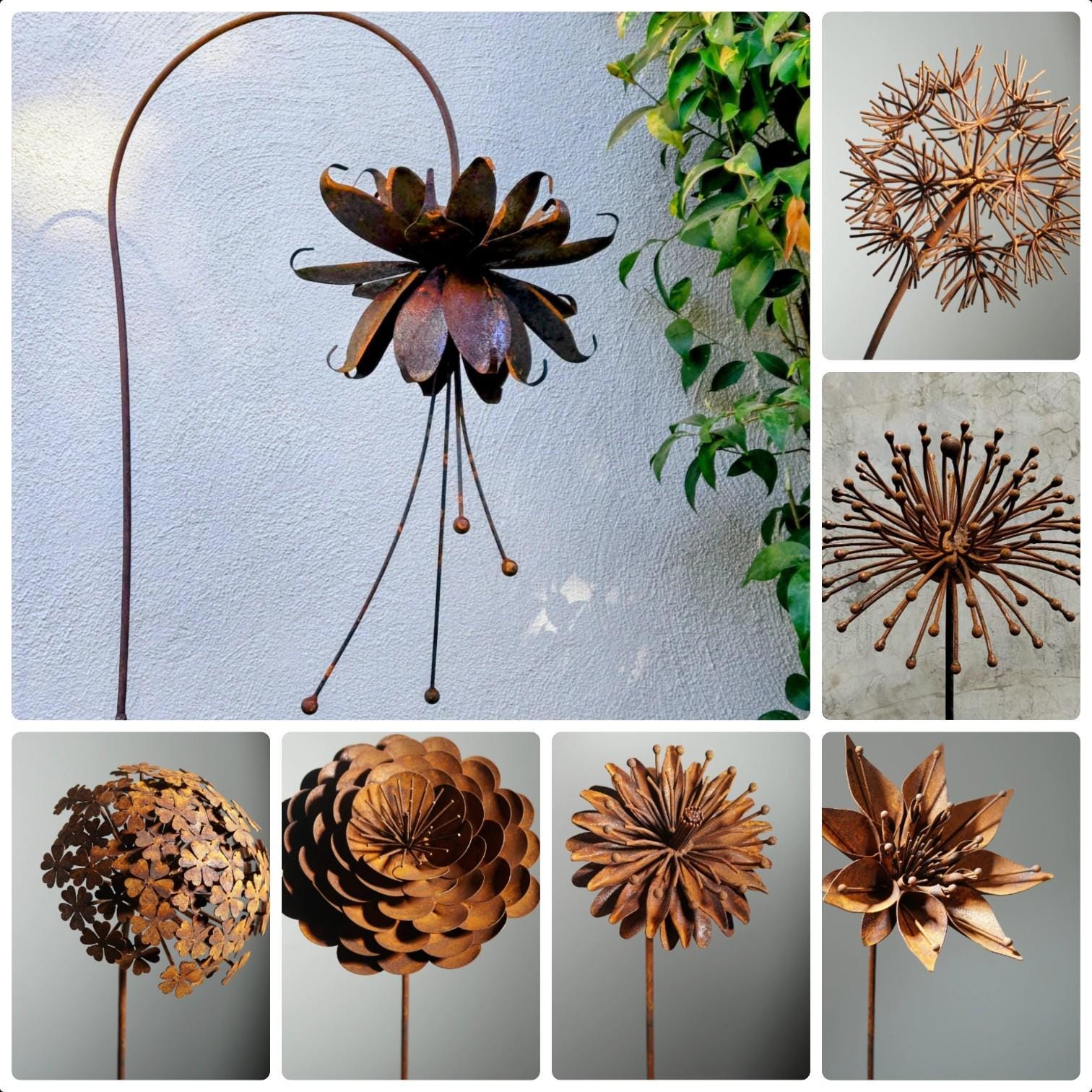Rusted Metal Flower Garden Art Stakes, Handcrafted Yard Decor