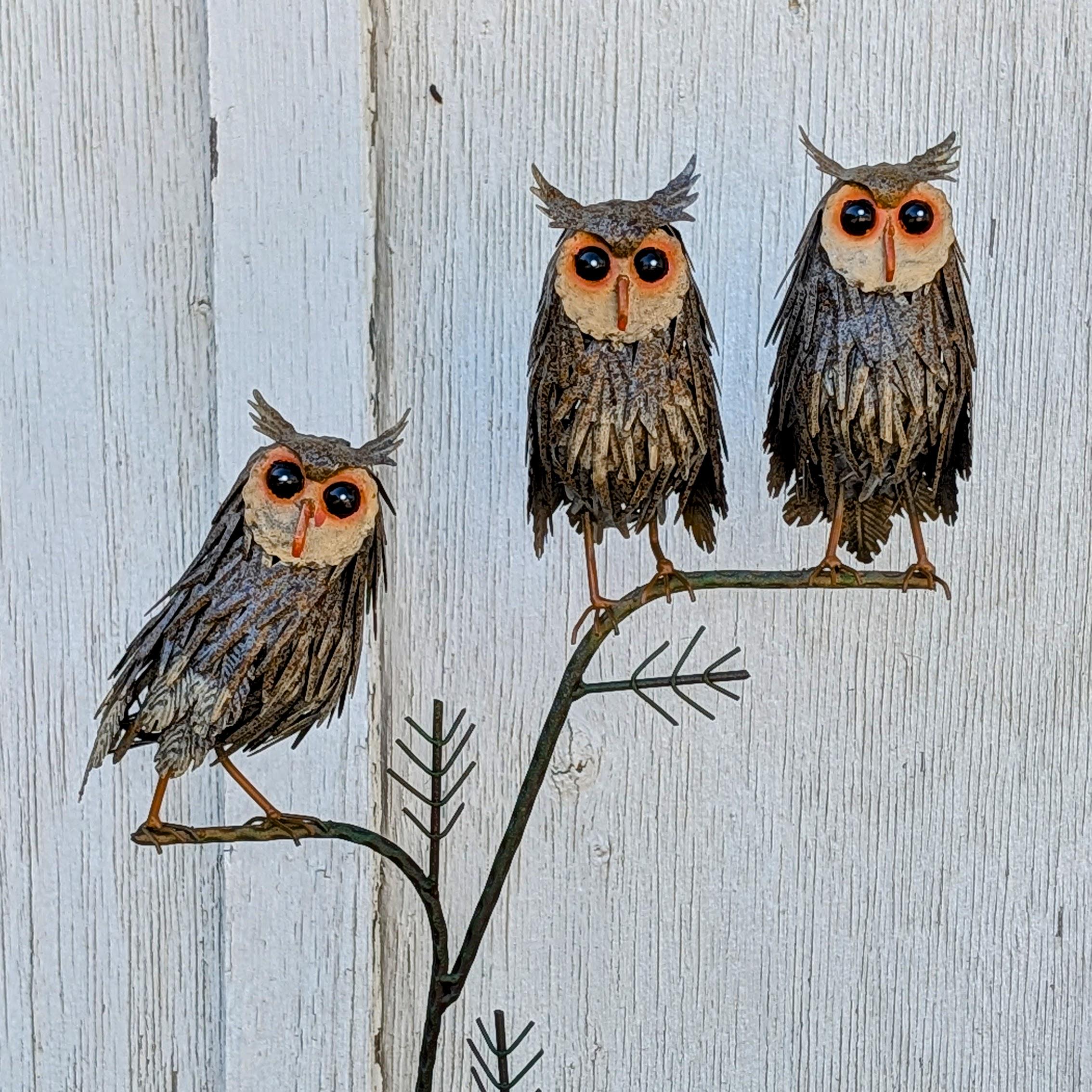 Handcrafted Metal Three Owls Garden Sculpture, Rustic Woodland Yard Art
