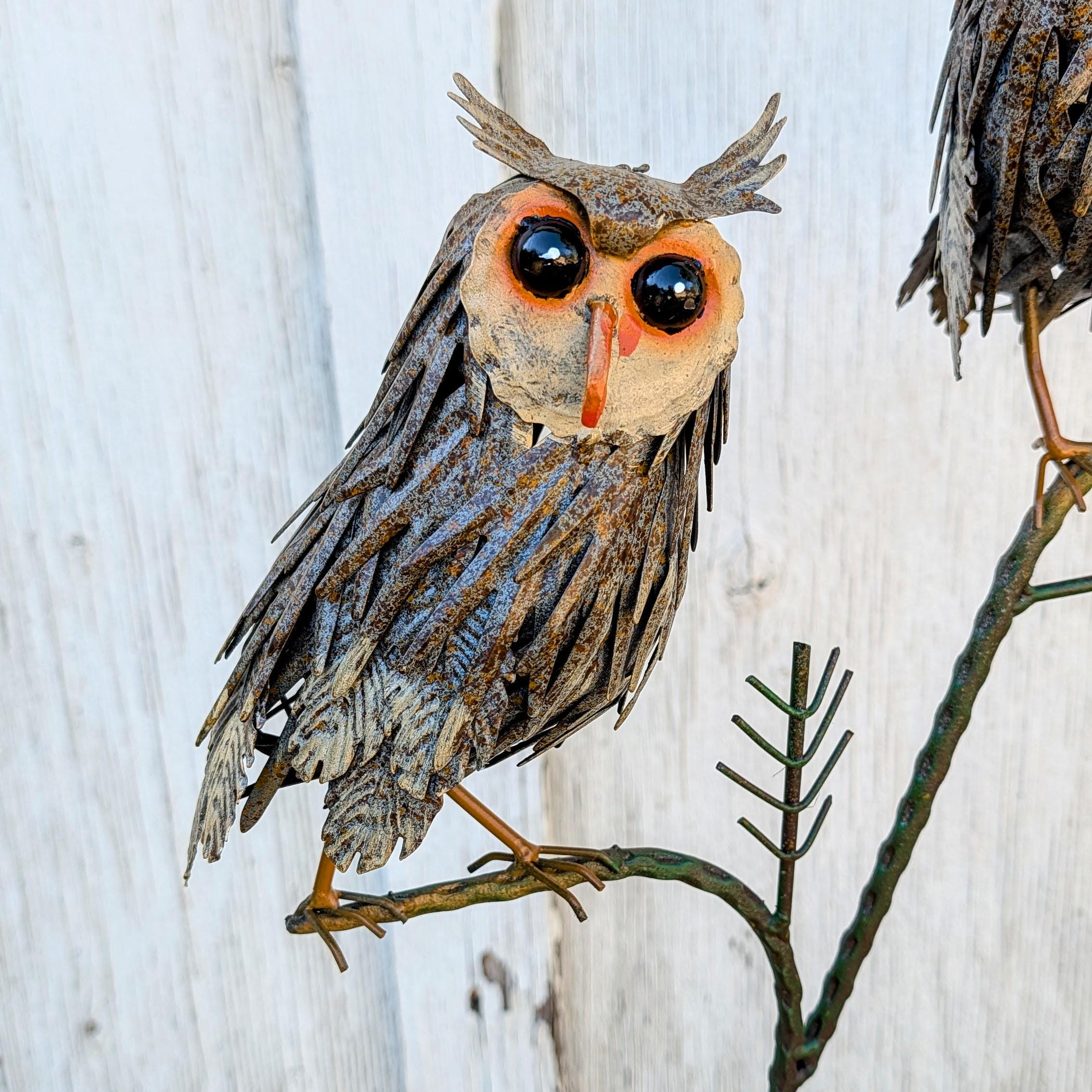 Handcrafted Metal Three Owls Garden Sculpture, Rustic Woodland Yard Art