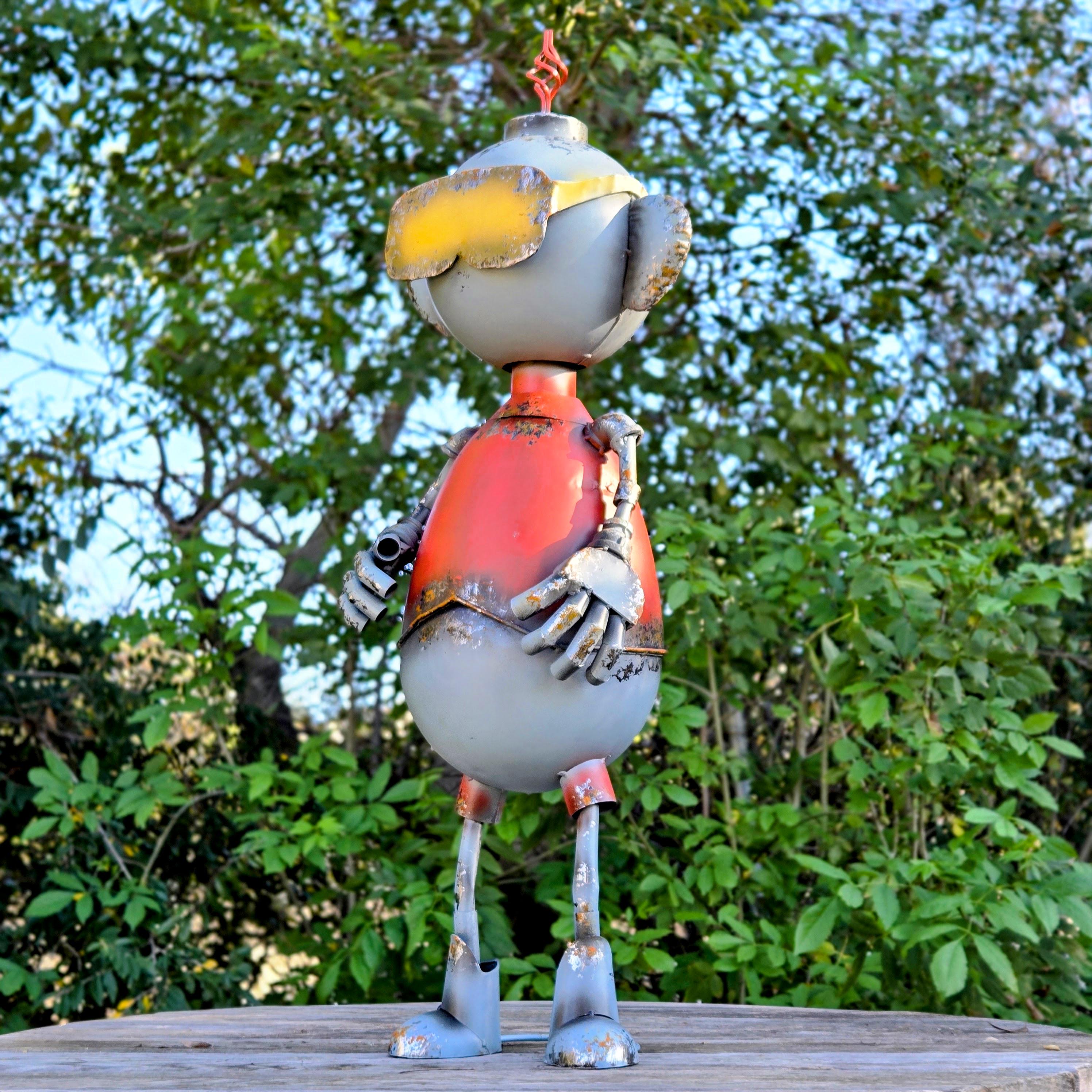 Big Belly Robot Sculpture, Welded Metal Yard Art, Rustic Industrial Steampunk Decor