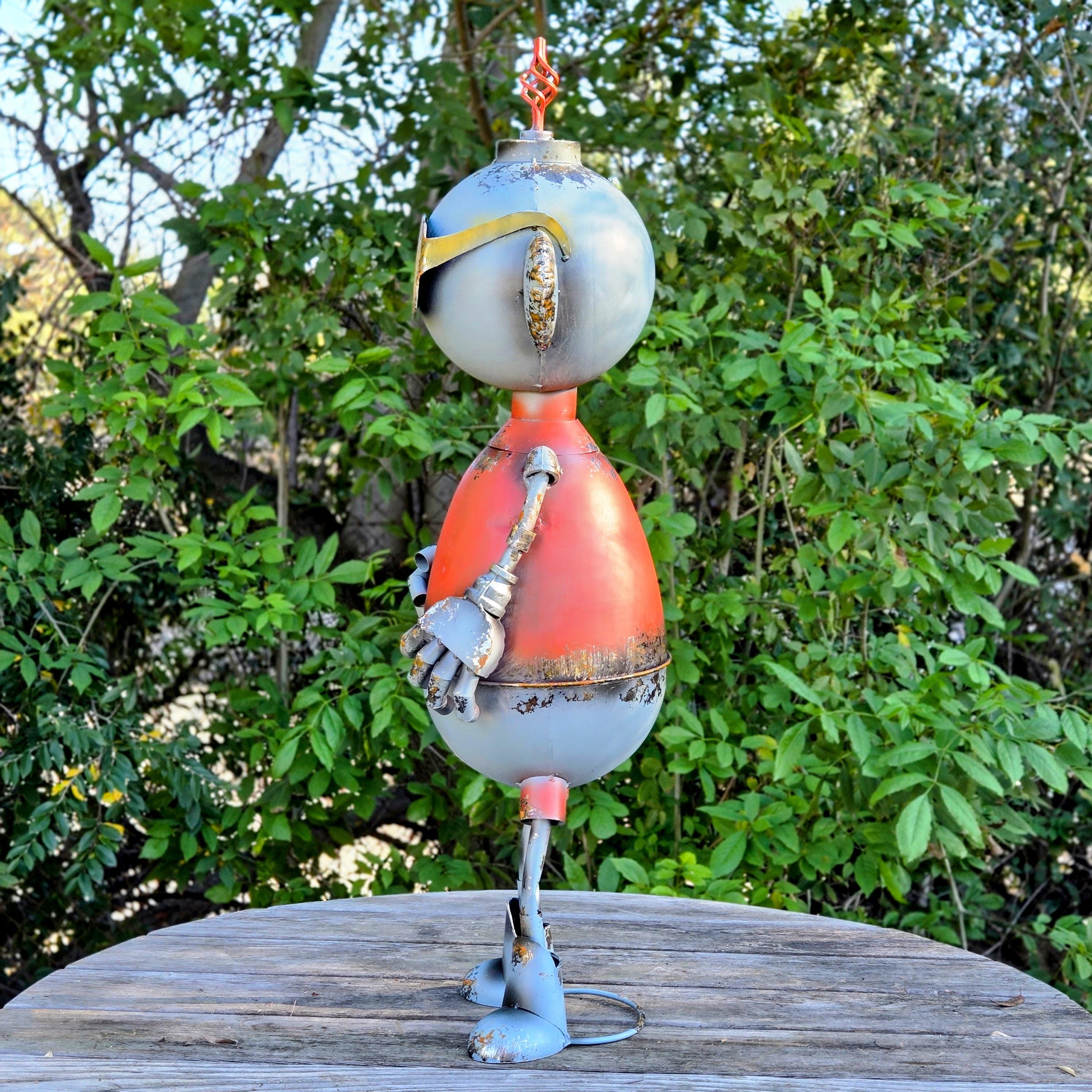 Big Belly Robot Sculpture, Welded Metal Yard Art, Rustic Industrial Steampunk Decor