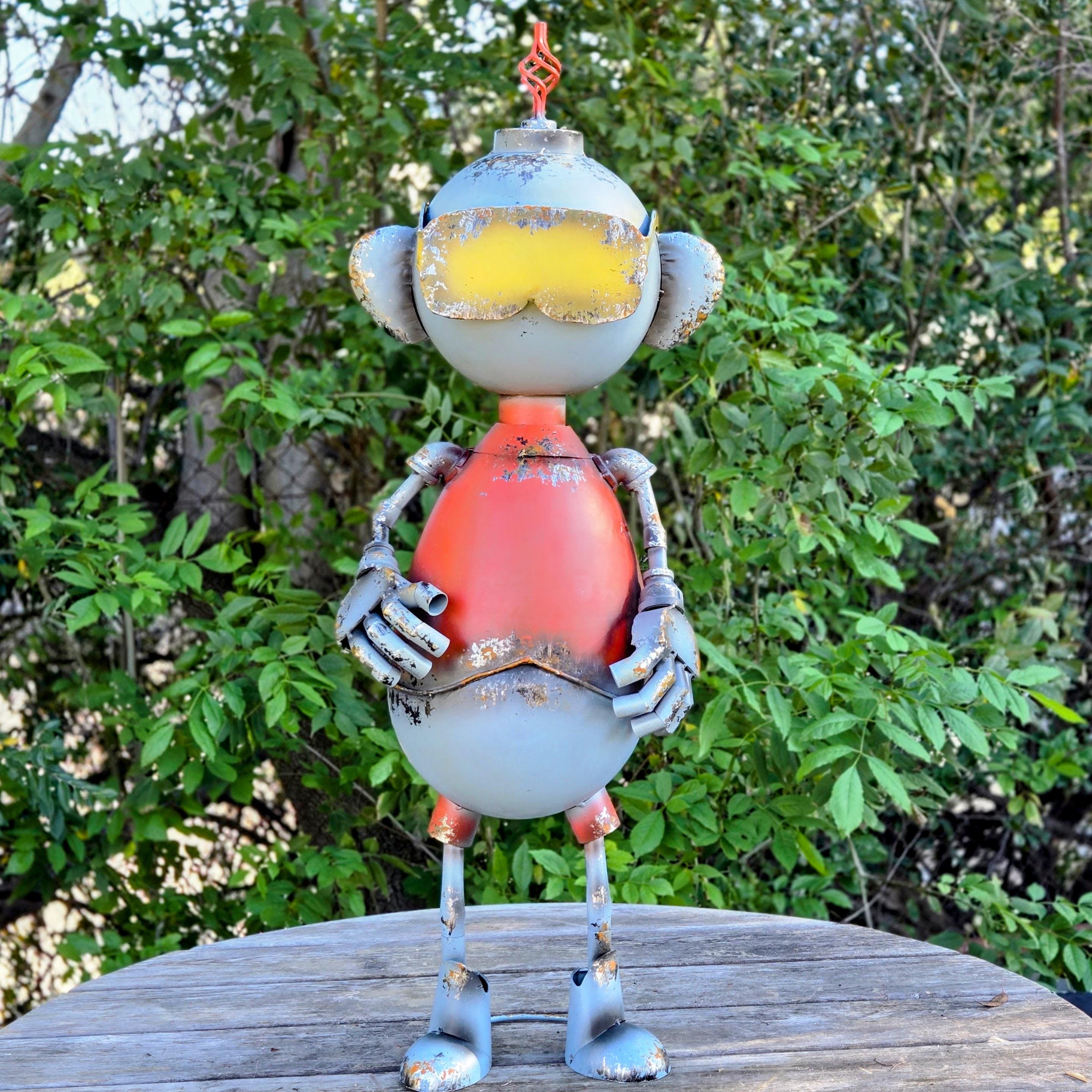 Big Belly Robot Sculpture, Welded Metal Yard Art, Rustic Industrial Steampunk Decor