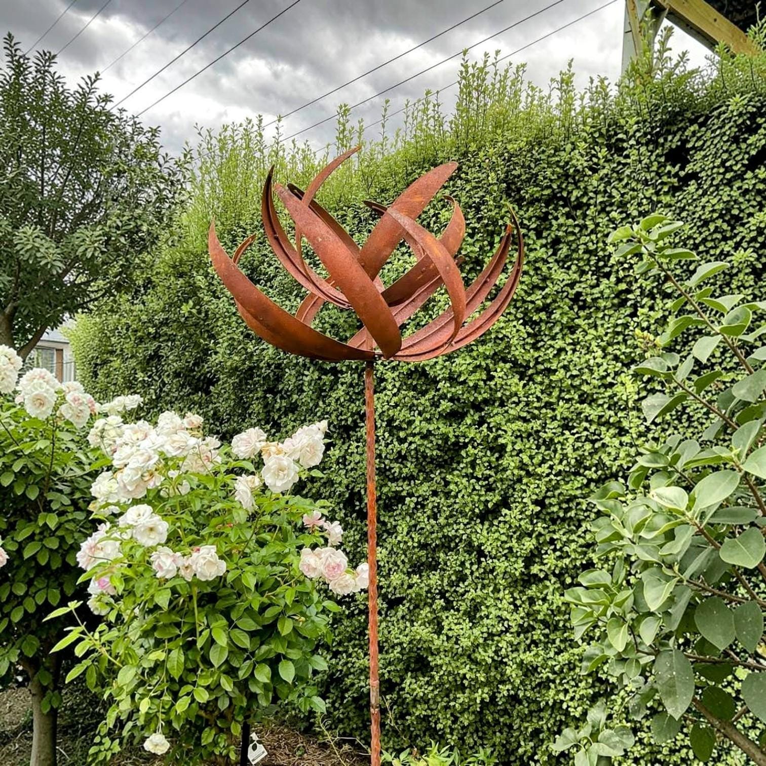 Handmade 87" Rusty Iron Lotus Wind Spinner - Weathered Garden Art