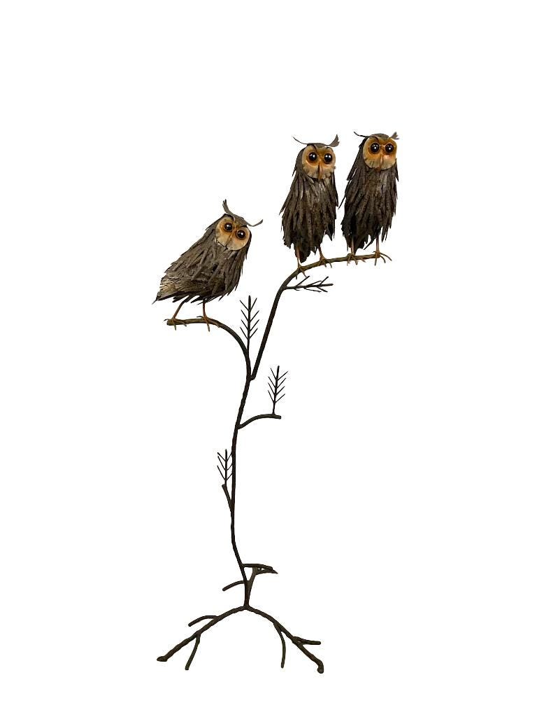 Handcrafted Metal Three Owls Garden Sculpture, Rustic Woodland Yard Art
