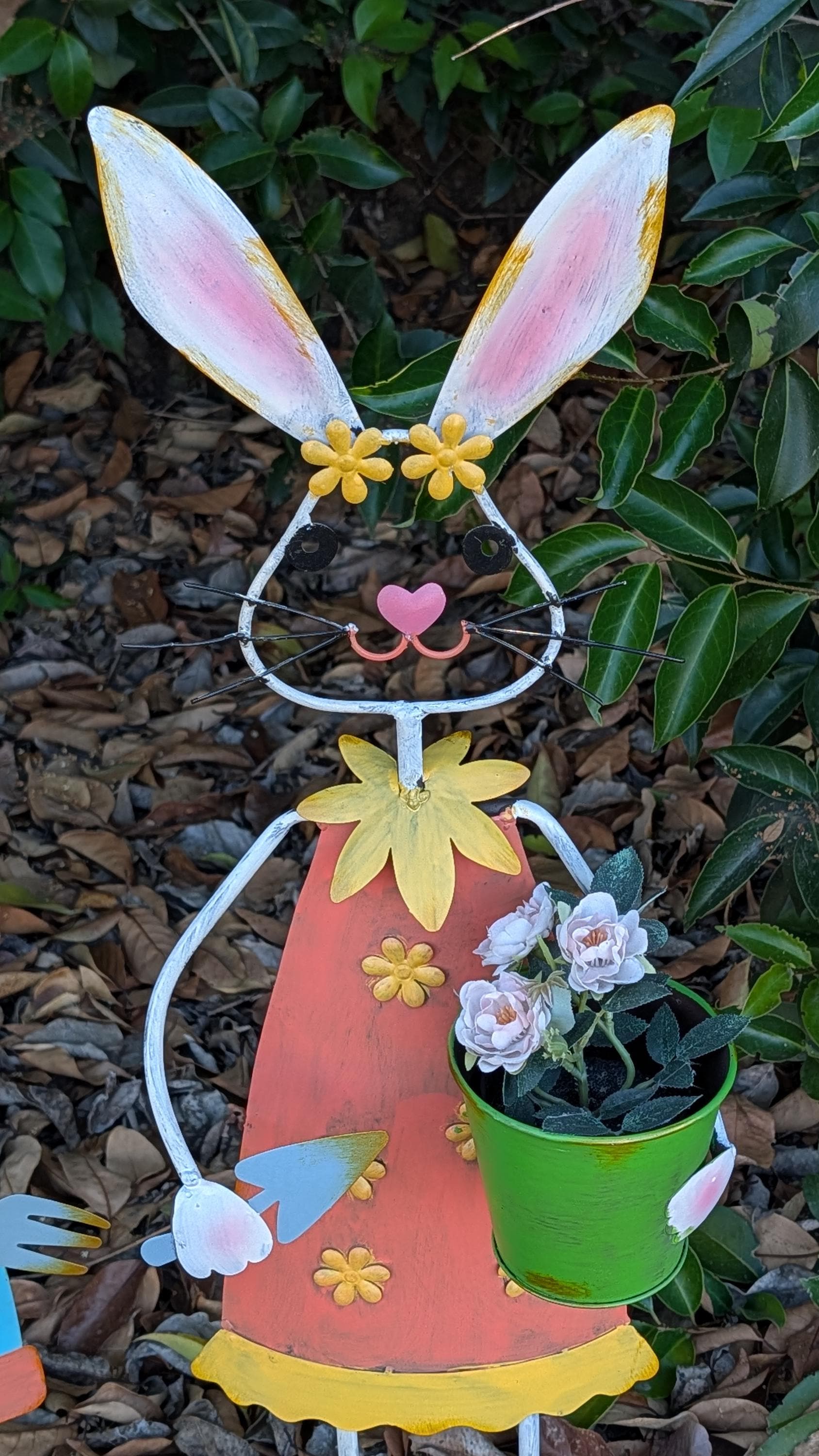 Set of 2 Hand-Painted Metal Bunny Planters, Whimsical Garden Decor Statues