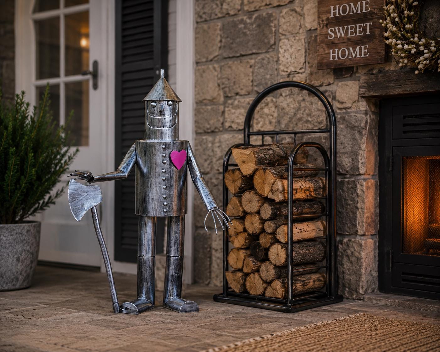 Robot Lumberjack Fire Pit Decor | Rustic Firewood Rack for Patio & Backyard