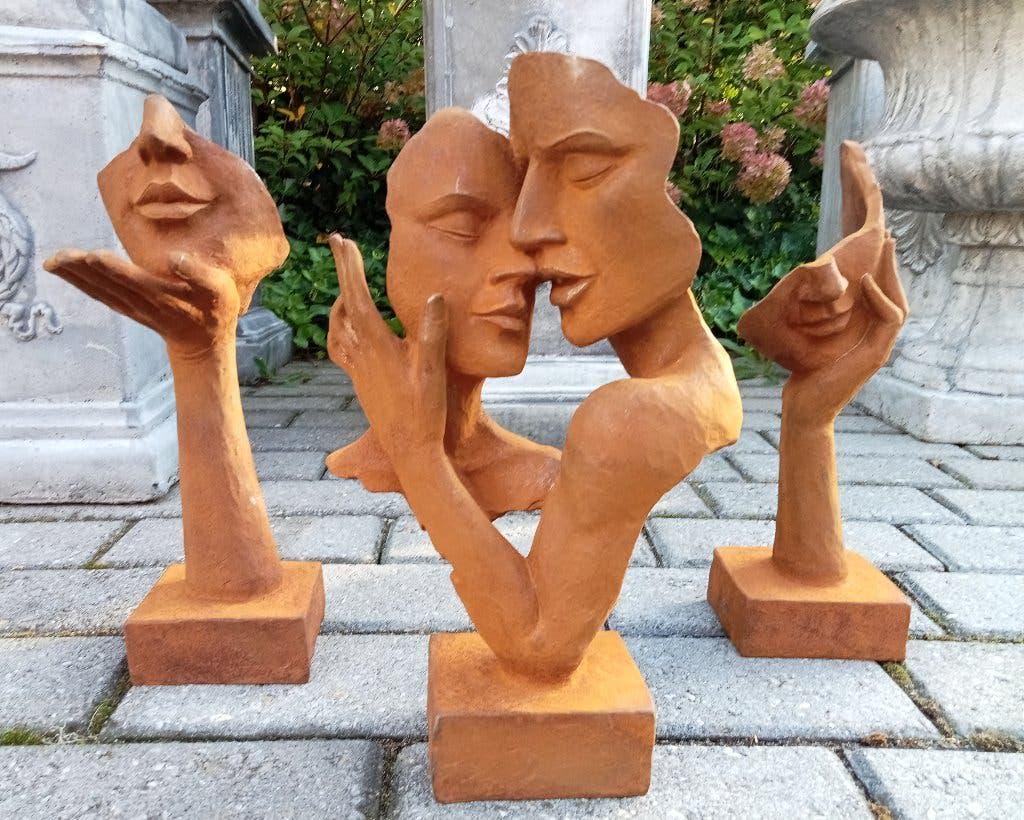 Abstract Metal Face Sculpture – Rustic Garden Statue, Contemplative Hand Art Figurine