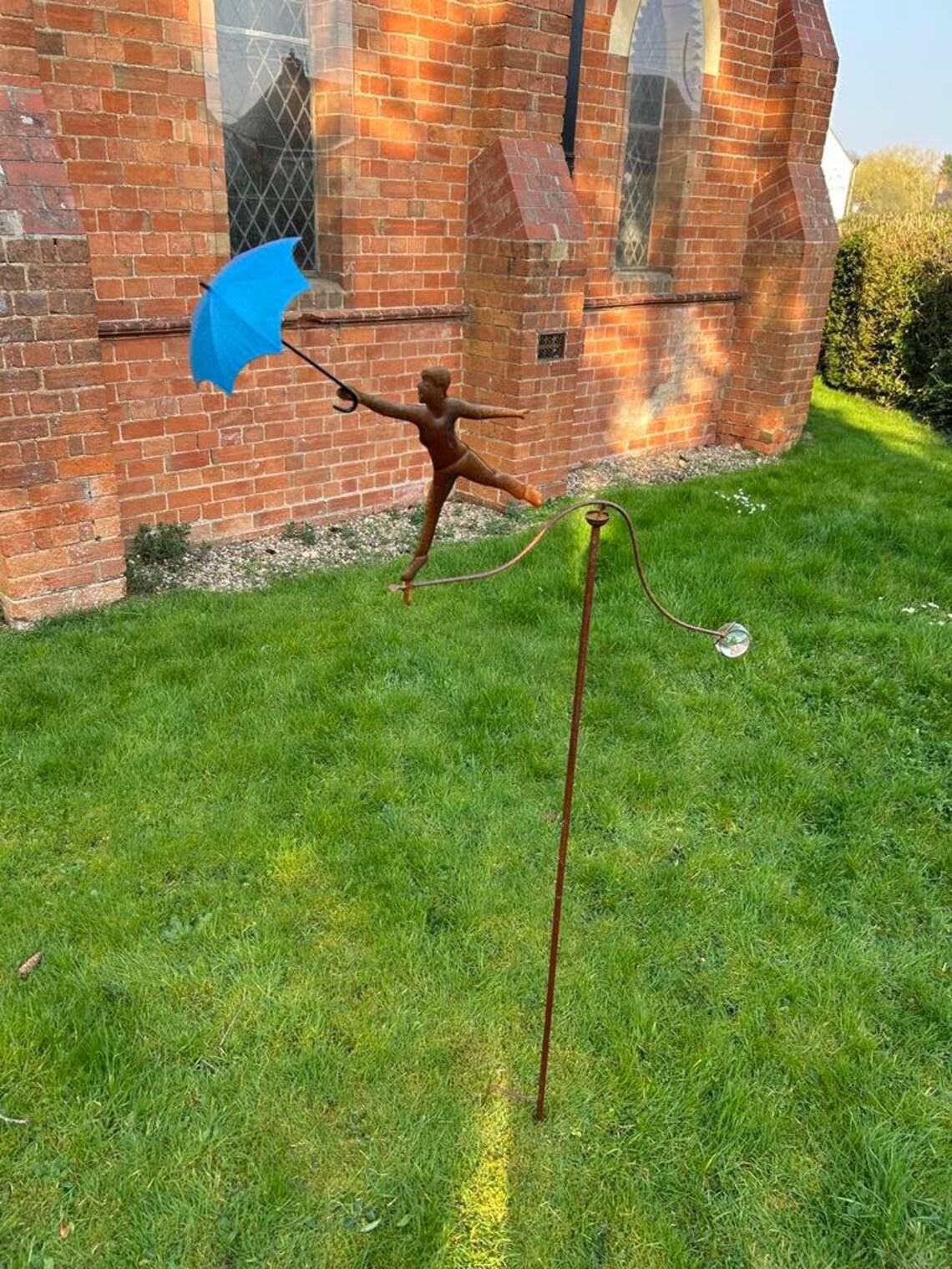 Metal Girl with Umbrella Garden Balancer, Handmade Kinetic Garden Stake, Whimsical Wind Sculpture, Rustic Outdoor Yard Art