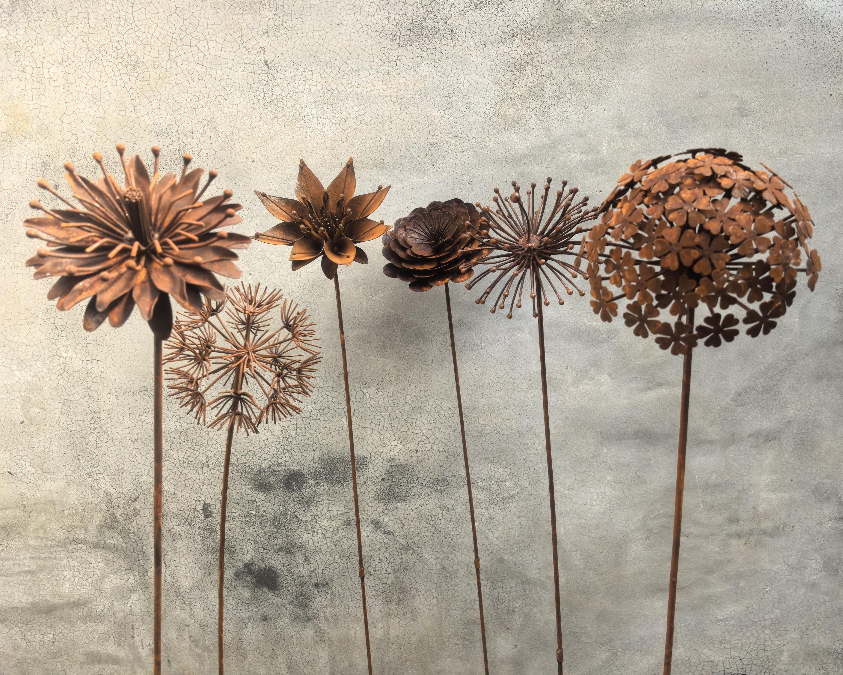 Rusted Metal Flower Garden Art Stakes, Handcrafted Yard Decor