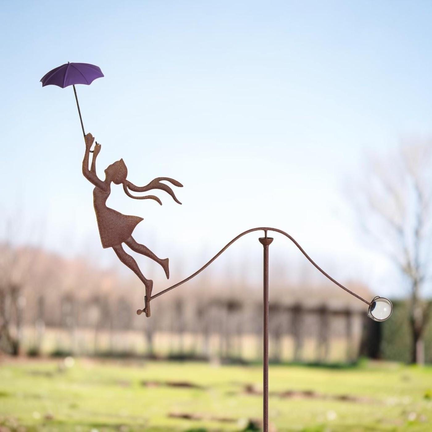 Rustic Metal Girl Balance Garden Stake – Vintage Wind Balancer Yard Art Umbralla