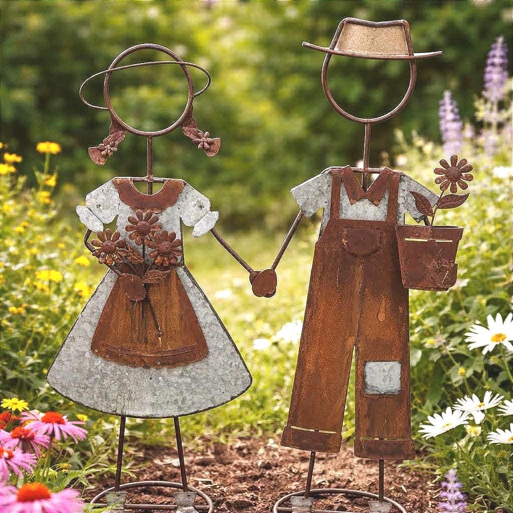39" H Rustic Metal Garden Statues: Handcrafted Boy & Girl Sculpture Set