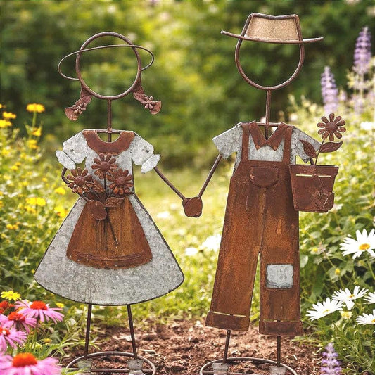 Rustic Metal  Handcrafted Boy & Girl Sculpture Set