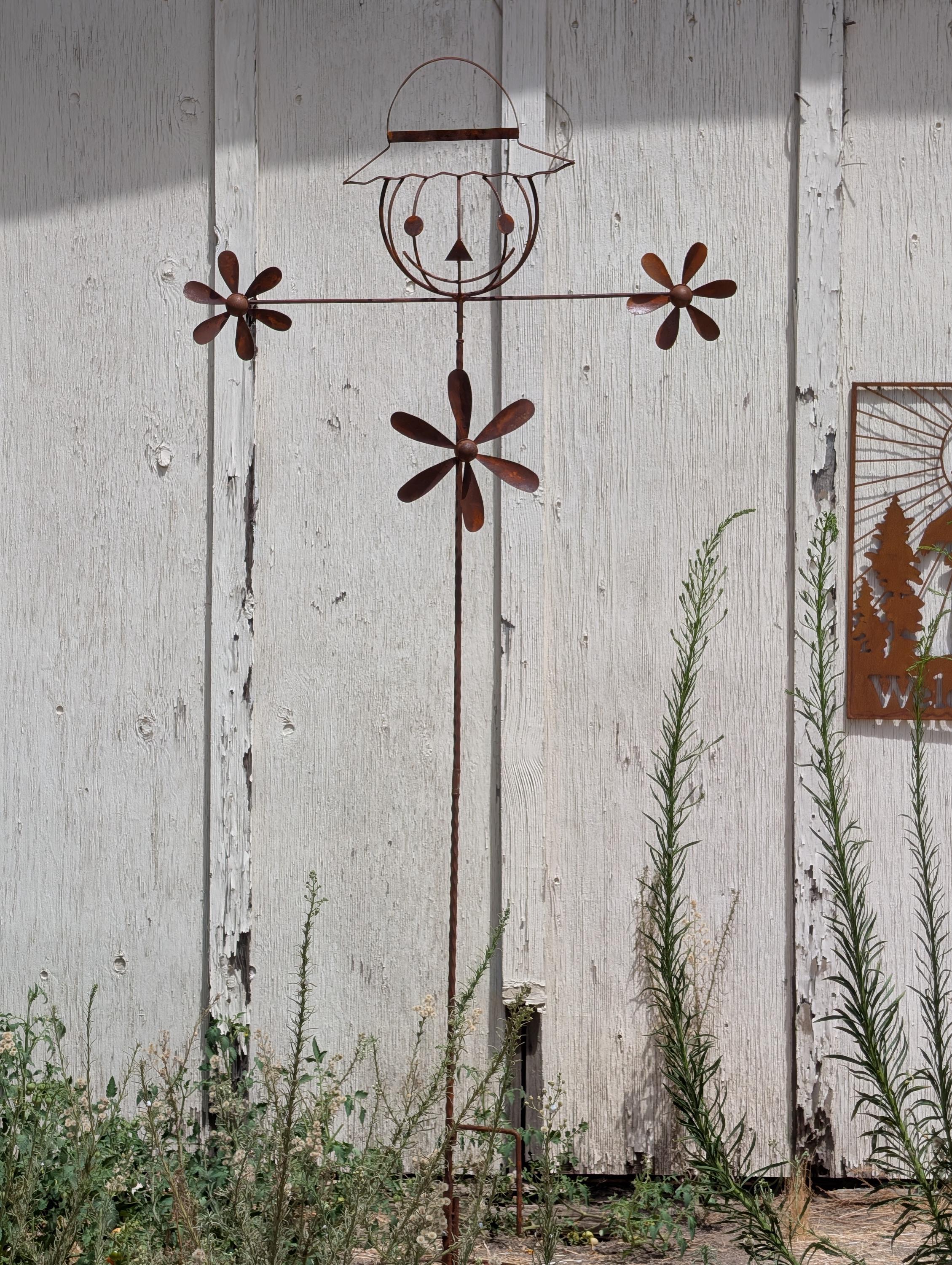 Rusty Metal Scarecrow Wind Spinner Garden Stake, Fall Decor, Halloween Yard Decor, Farmhouse Flower Spinner, Outdoor Garden Art