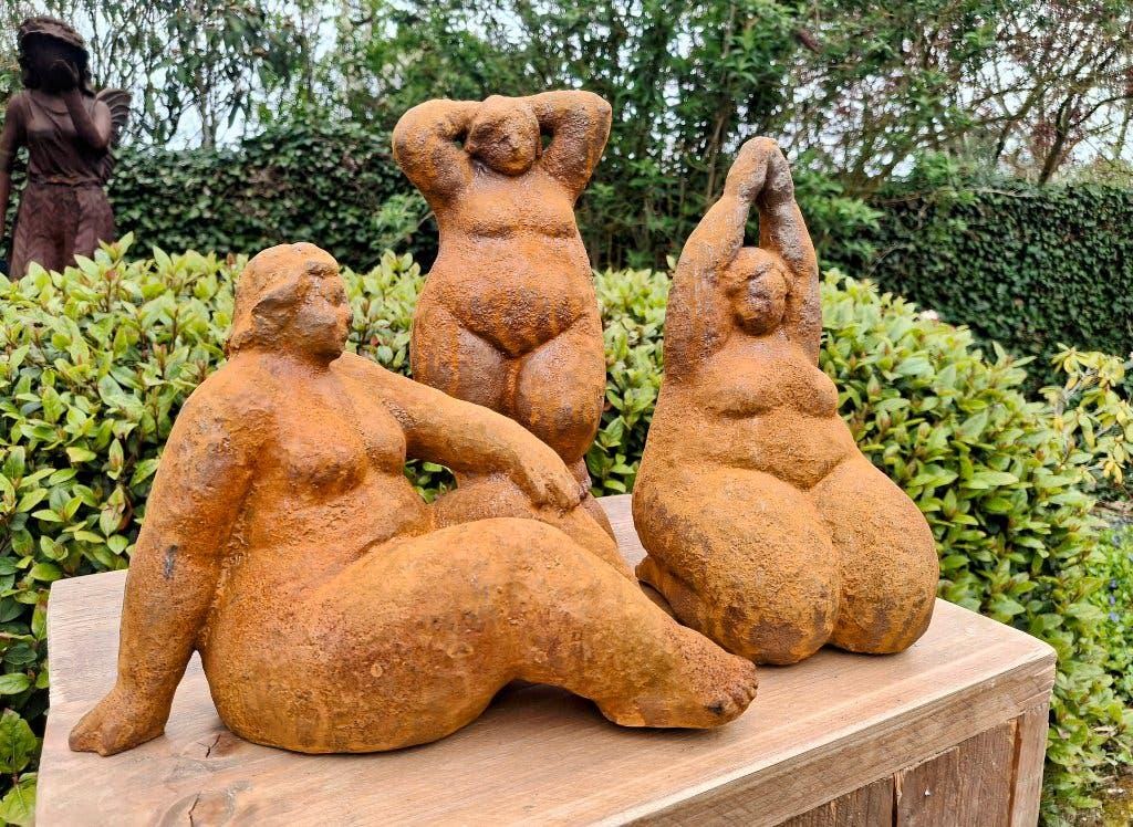 Set of 3 Cast Iron Curvy Lady Statues, Rustic Garden Sculptures, Body Positive Art, Farmhouse Outdoor Decor, Full Figure Figurines
