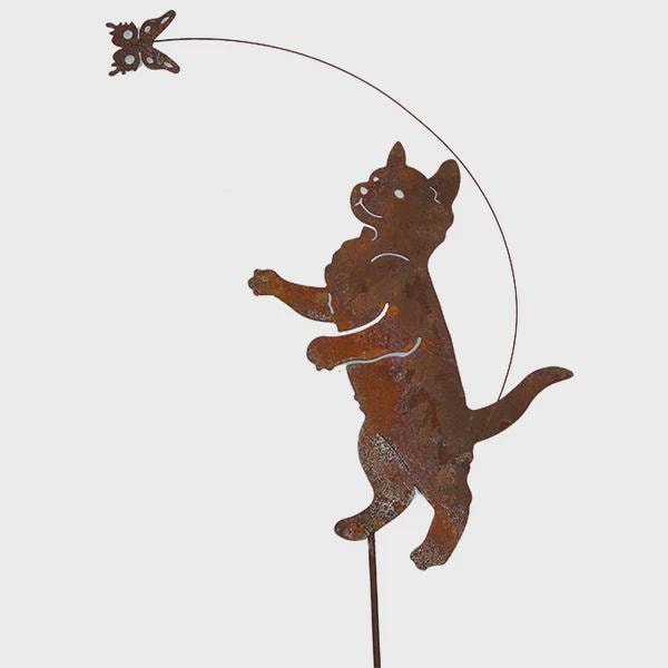 Rustic Metal Dog and Butterfly Garden Stake - Whimsical Yard Art