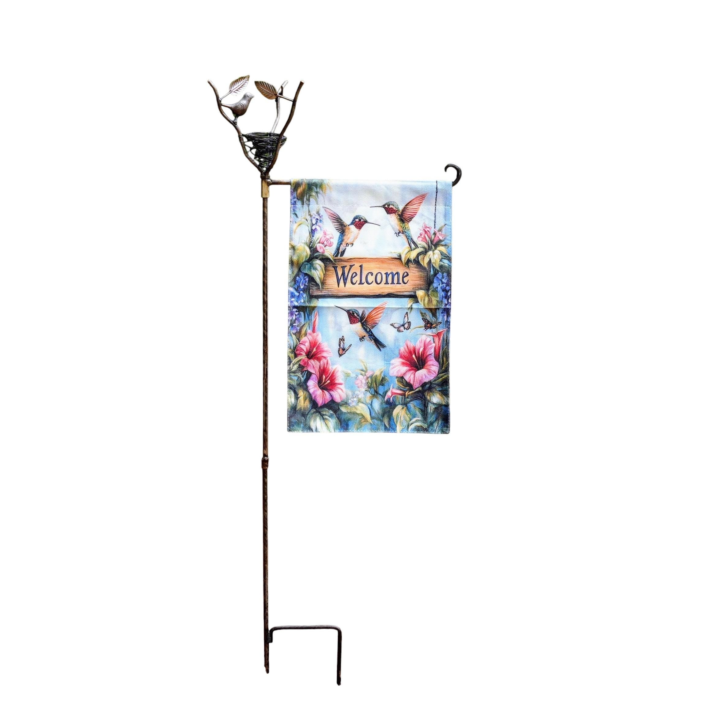 Metal Bird Nest Garden Flag Stand Outdoor Yard Flag Holder, Rustic Garden Flag Pole, Easy Assembly, Front Yard Decor