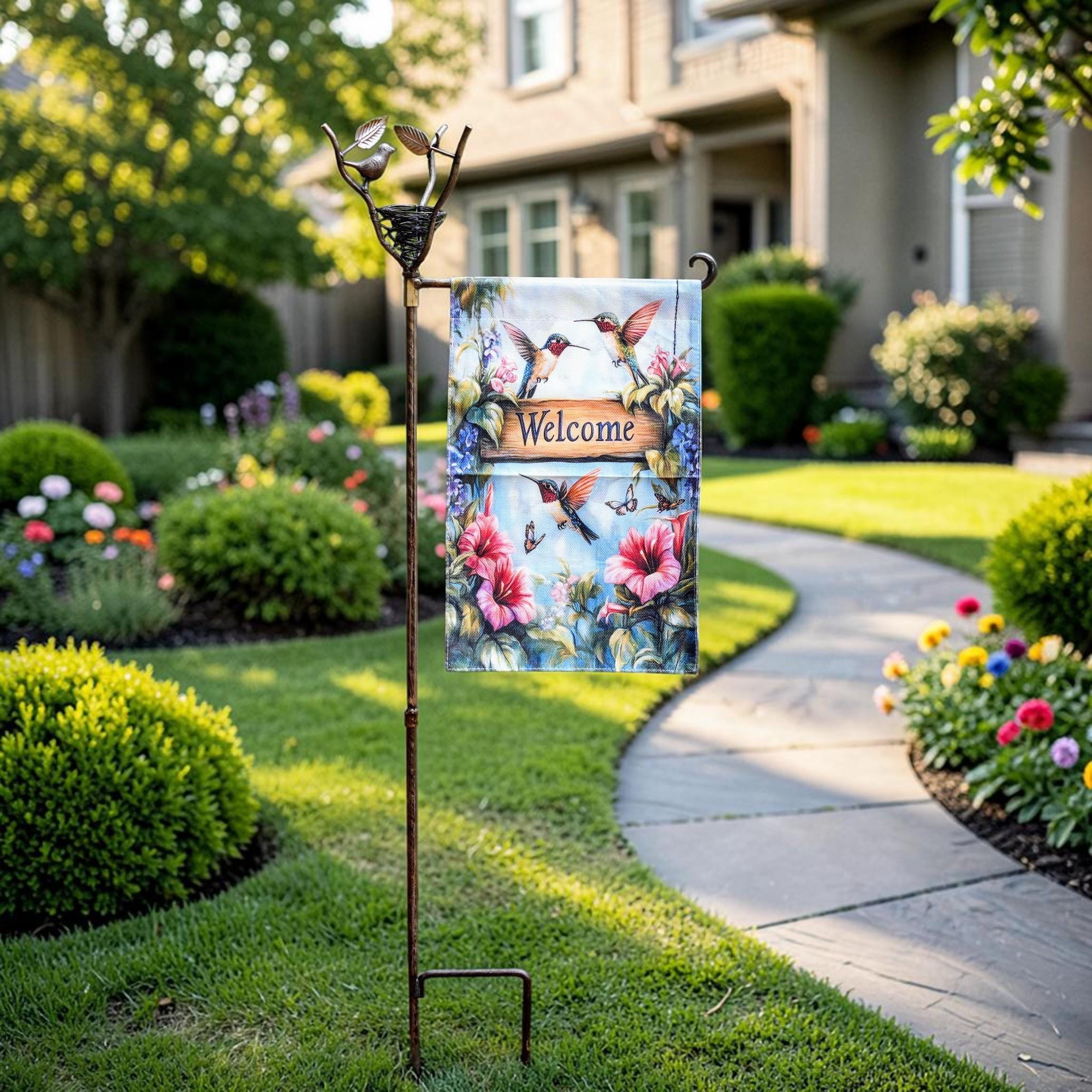 Metal Bird Nest Garden Flag Stand Outdoor Yard Flag Holder, Rustic Garden Flag Pole, Easy Assembly, Front Yard Decor