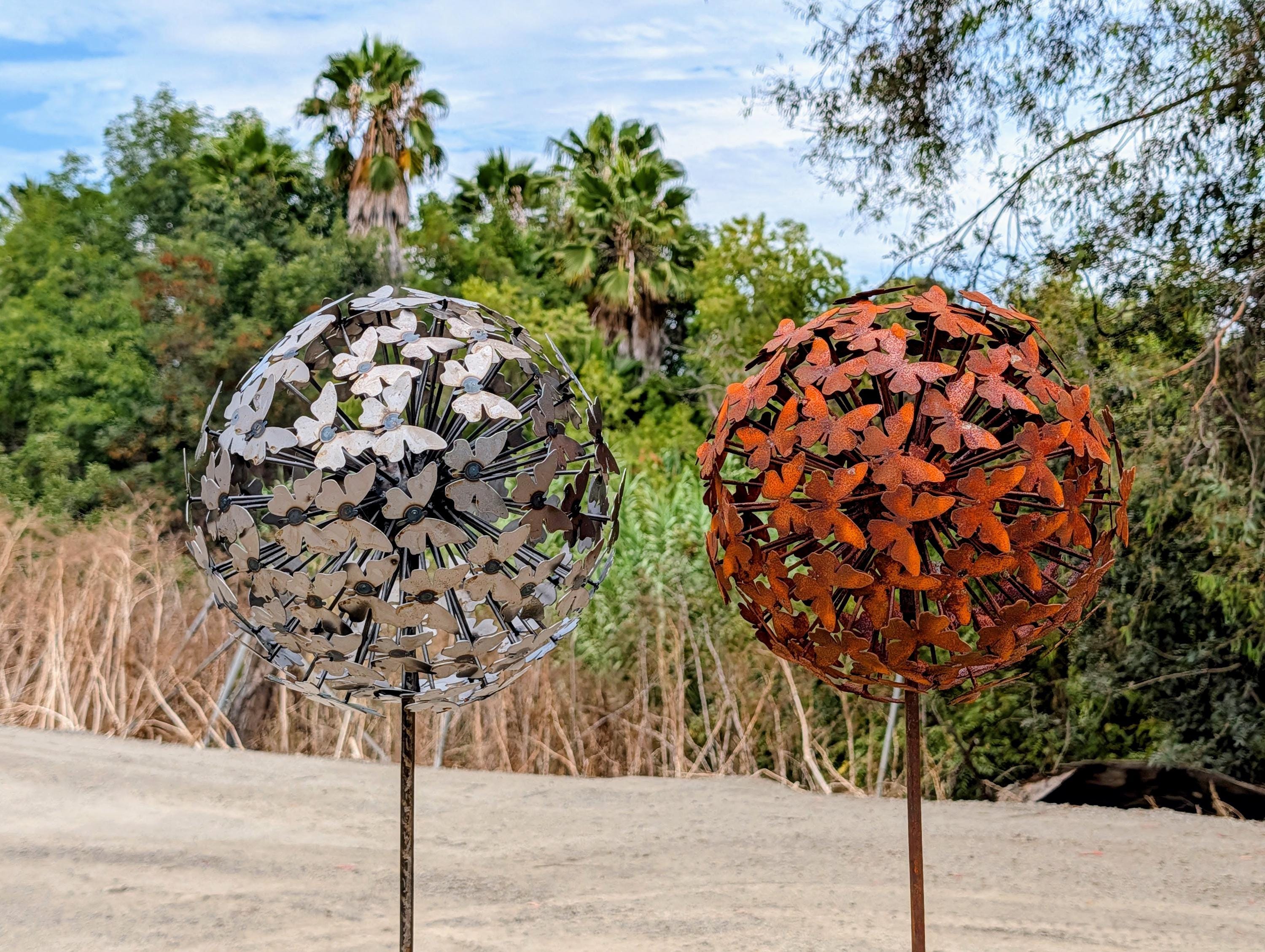 66" Metal Butterfly Garden Sphere Stake, 12" Butterfly Ball Yard Art, Outdoor Garden Sculpture, Rustic Garden Decor, English Garden Ornament