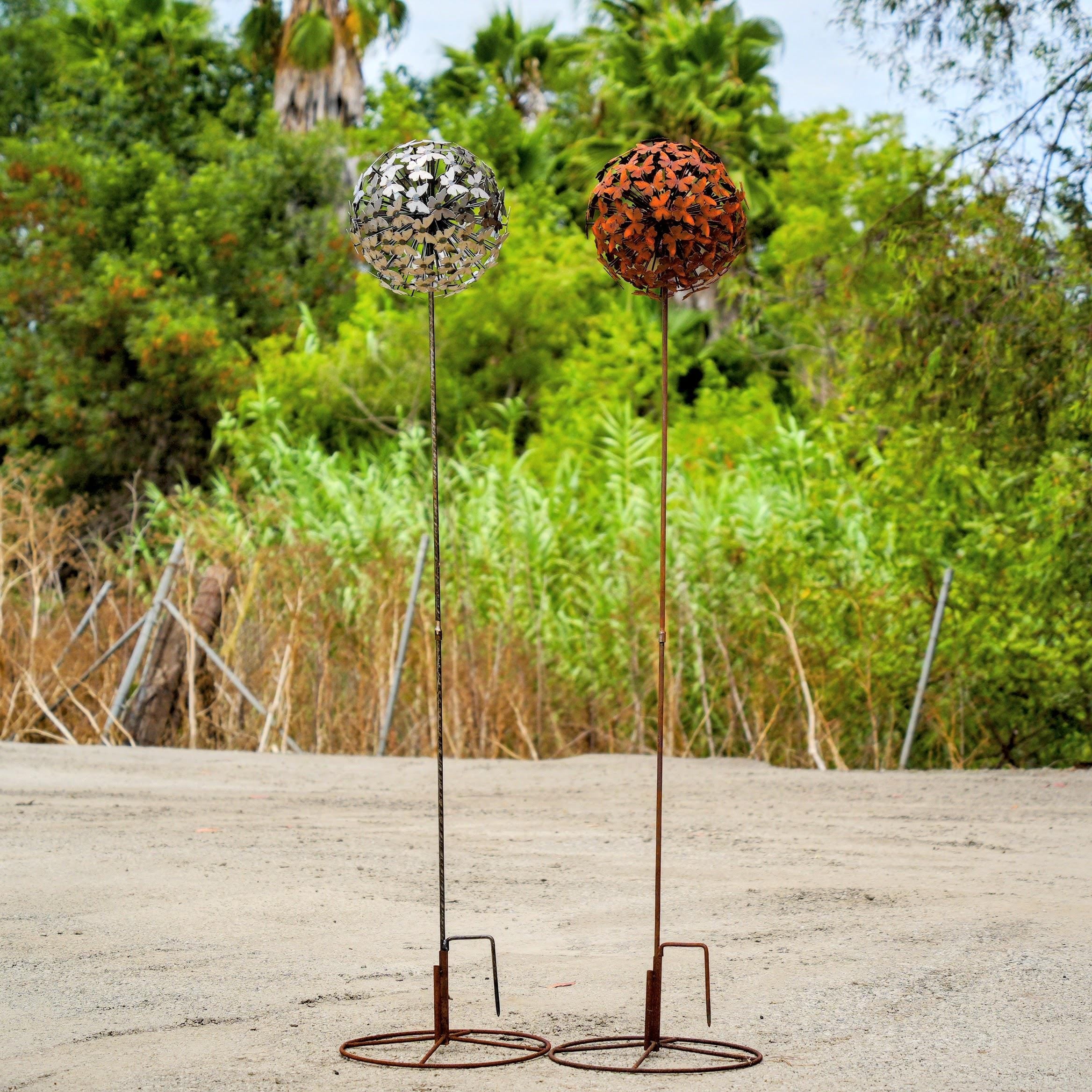 66" Metal Butterfly Garden Sphere Stake, 12" Butterfly Ball Yard Art, Outdoor Garden Sculpture, Rustic Garden Decor, English Garden Ornament