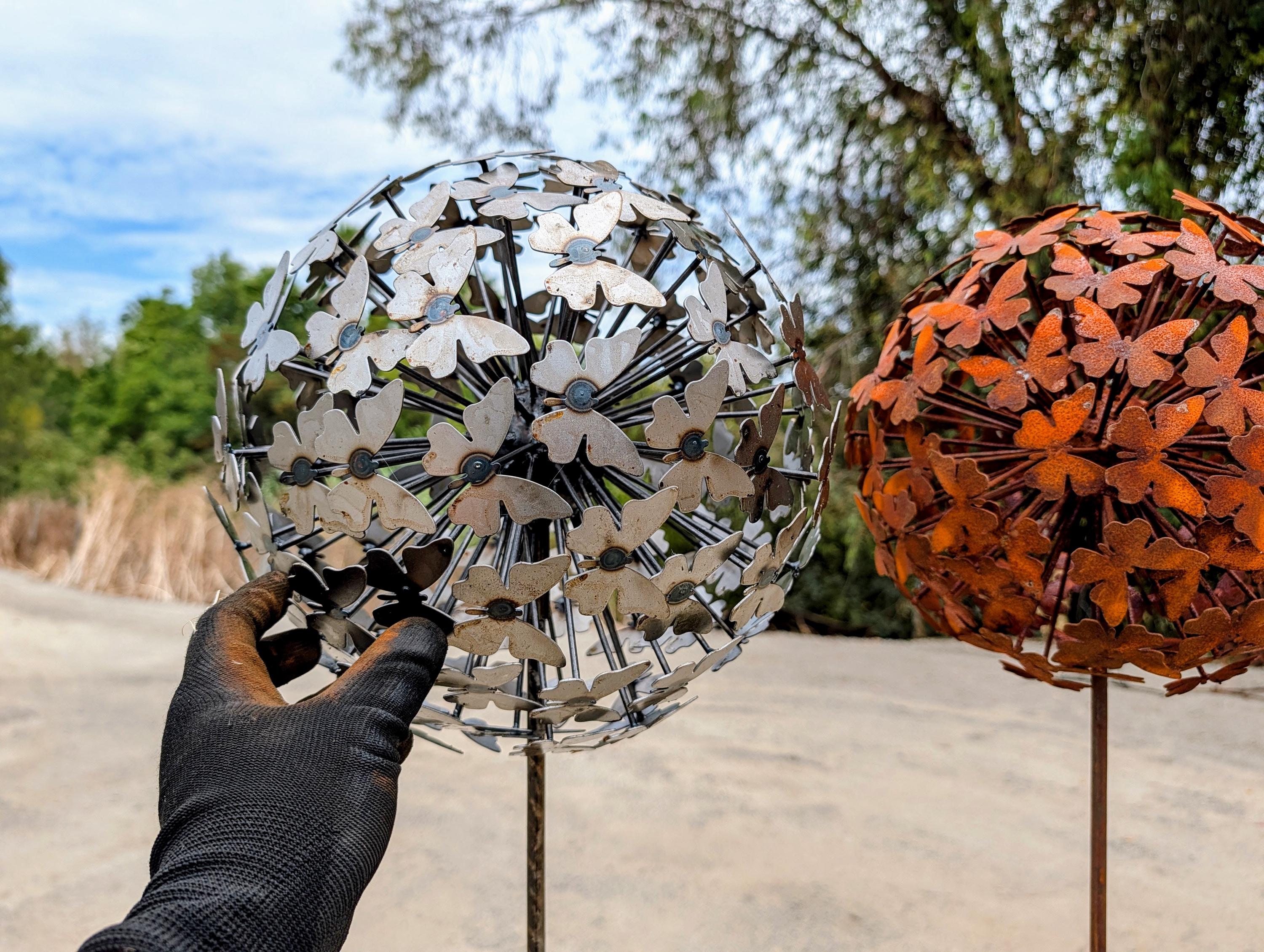 66" Metal Butterfly Garden Sphere Stake, 12" Butterfly Ball Yard Art, Outdoor Garden Sculpture, Rustic Garden Decor, English Garden Ornament