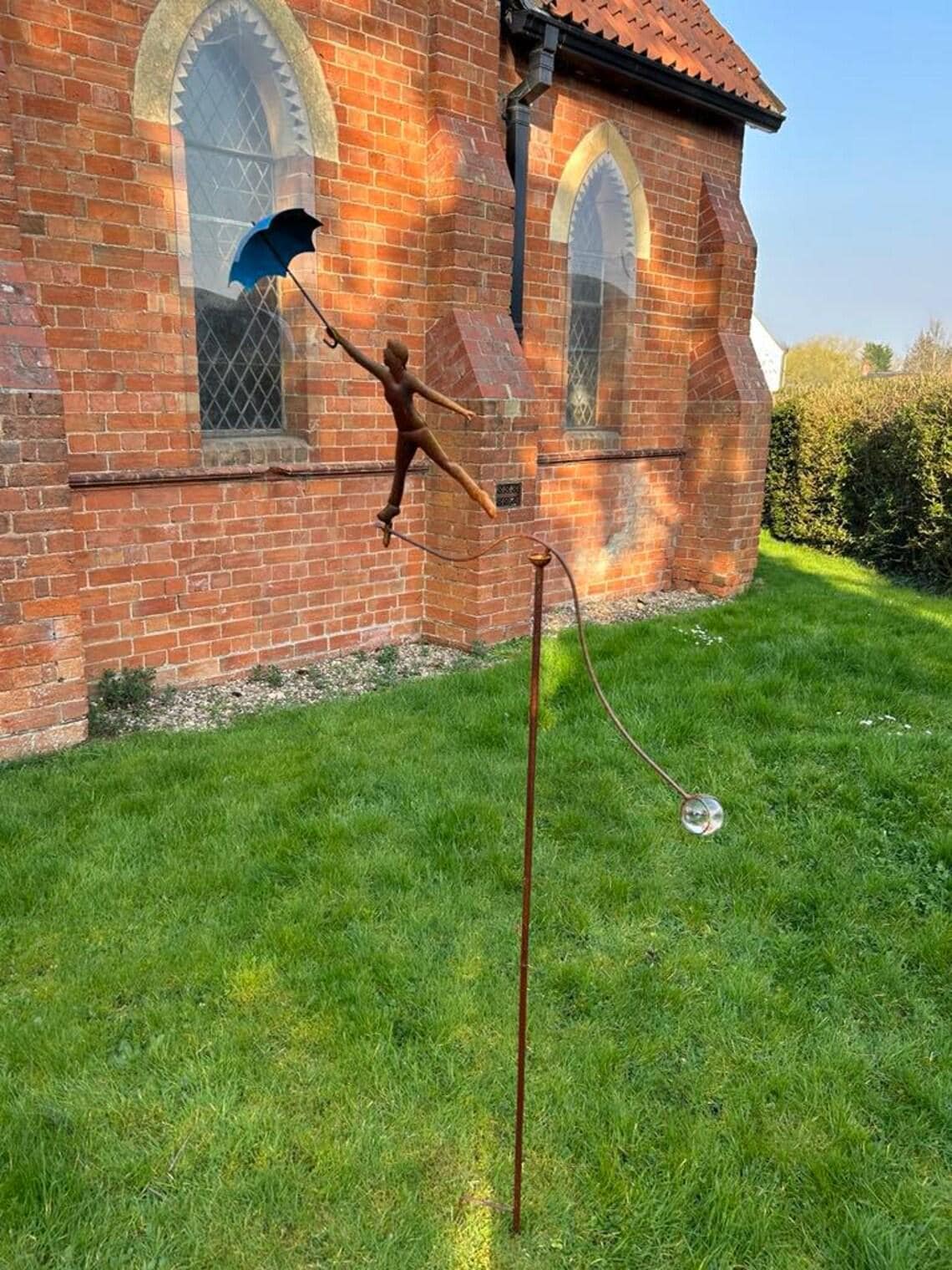 Metal Girl with Umbrella Garden Balancer, Handmade Kinetic Garden Stake, Whimsical Wind Sculpture, Rustic Outdoor Yard Art