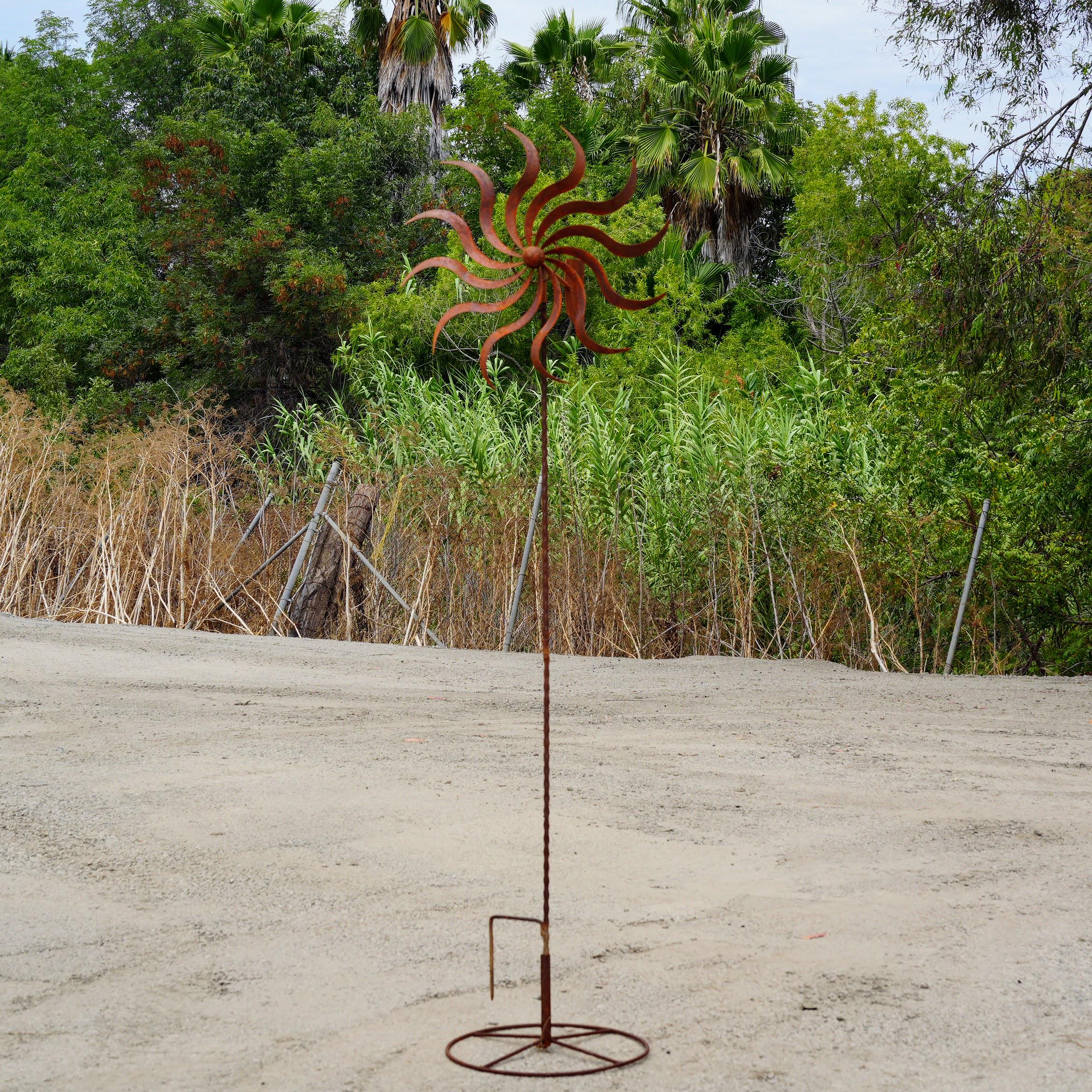 57" Rustic Metal Wind Spinner Garden Stake, Large Rust Windmill Yard Art, Outdoor Kinetic Garden Decor, Farmhouse Lawn Ornament
