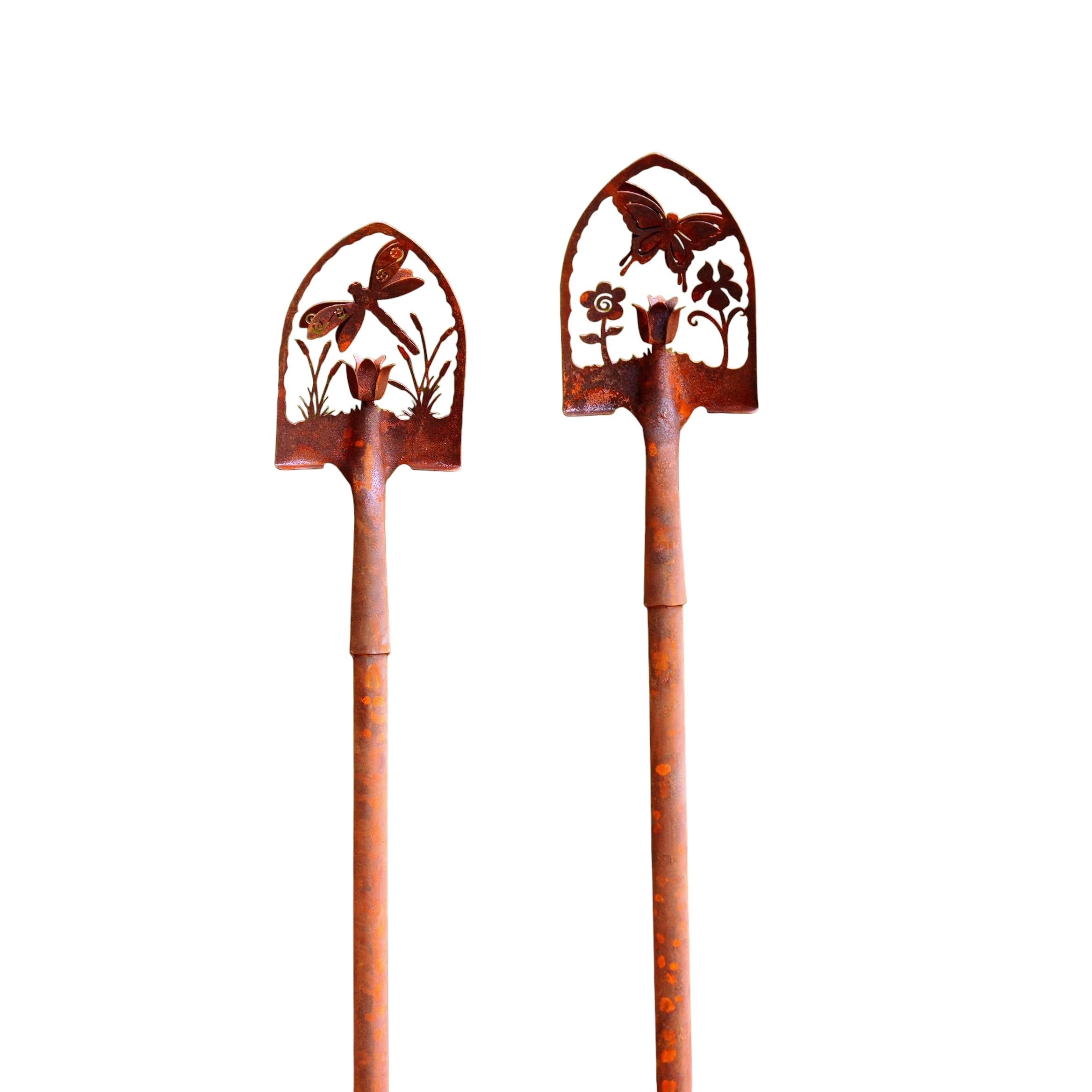 Rustic Butterfly & Dragonfly Garden Shovel Stakes, Set of 2 Metal Garden Stakes, Farmhouse Yard Art, Cottage Garden Decor