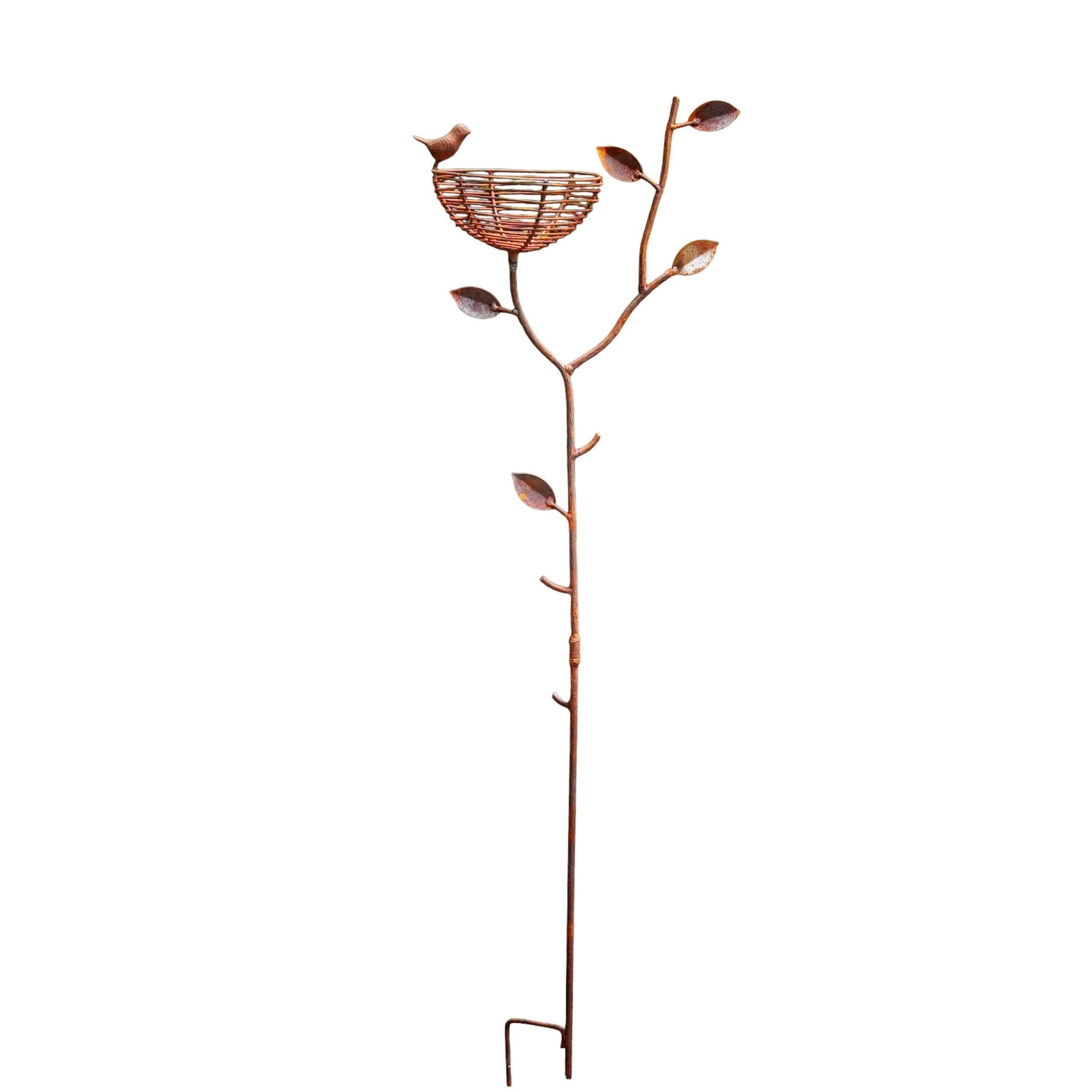 Rustic Metal Bird Nest Garden Stake with Perched Bird, Handmade Garden Art, Outdoor Yard Decor, Farmhouse Flower Bed Accent