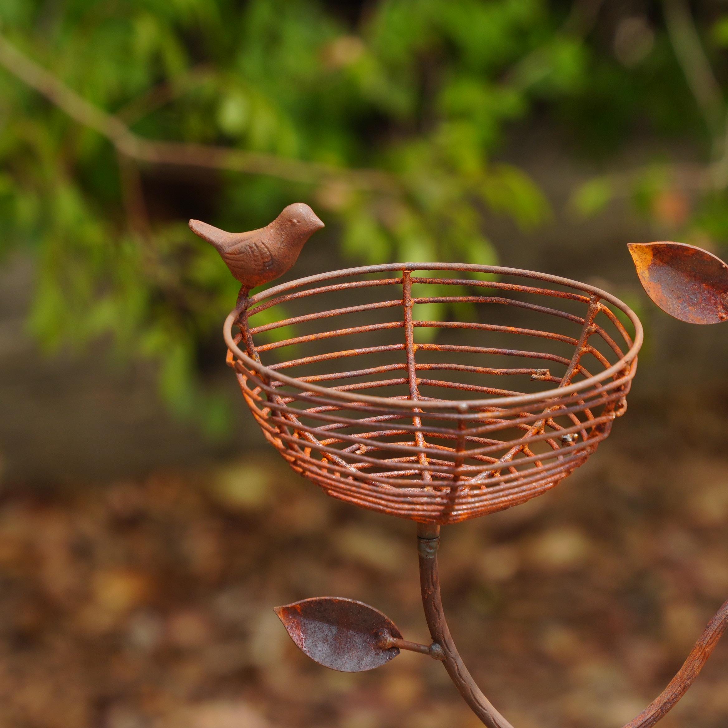 Rustic Metal Bird Nest Garden Stake with Perched Bird, Handmade Garden Art, Outdoor Yard Decor, Farmhouse Flower Bed Accent