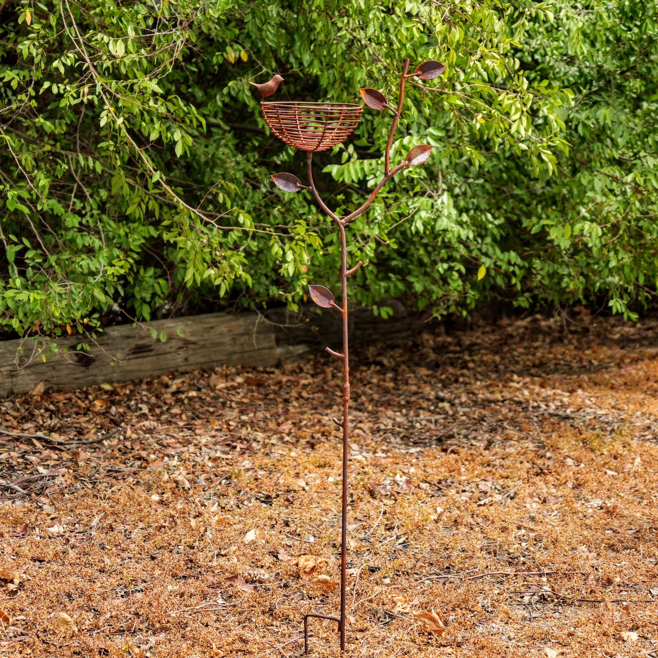 Rustic Metal Bird Nest Garden Stake with Perched Bird, Handmade Garden Art, Outdoor Yard Decor, Farmhouse Flower Bed Accent