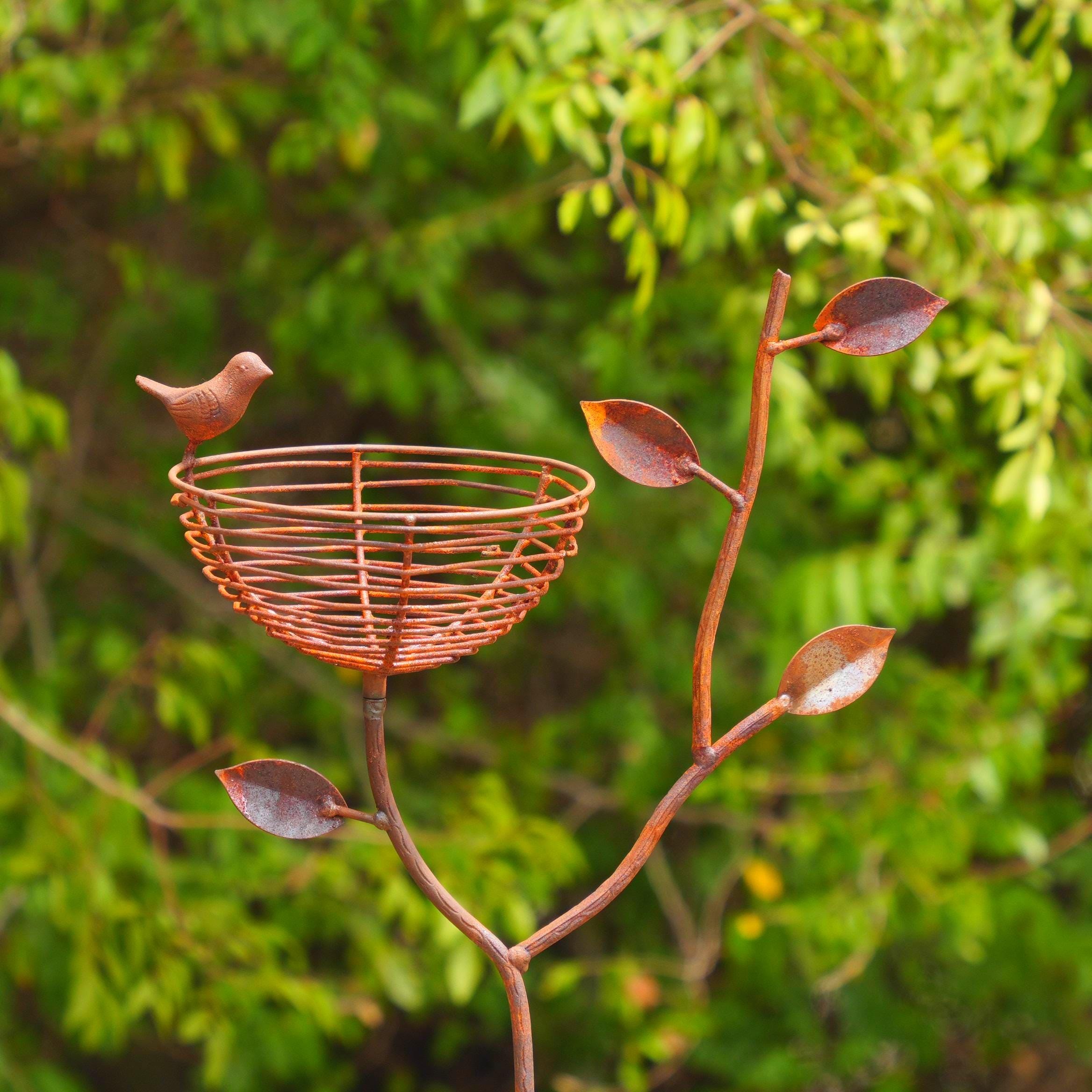 Rustic Metal Bird Nest Garden Stake with Perched Bird, Handmade Garden Art, Outdoor Yard Decor, Farmhouse Flower Bed Accent