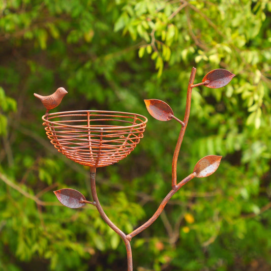 Rustic Metal Bird Nest Garden Stake with Perched Bird – Handmade Garden Art