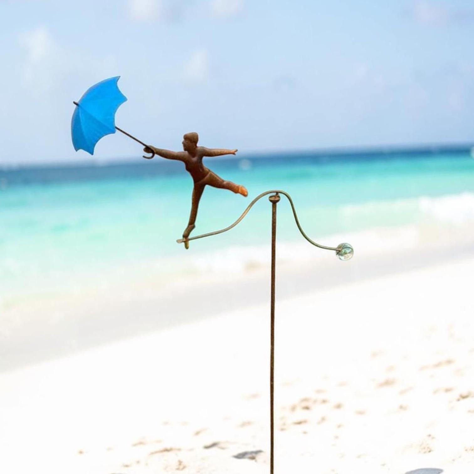 Metal Girl with Umbrella Garden Balancer, Handmade Kinetic Garden Stake, Whimsical Wind Sculpture, Rustic Outdoor Yard Art