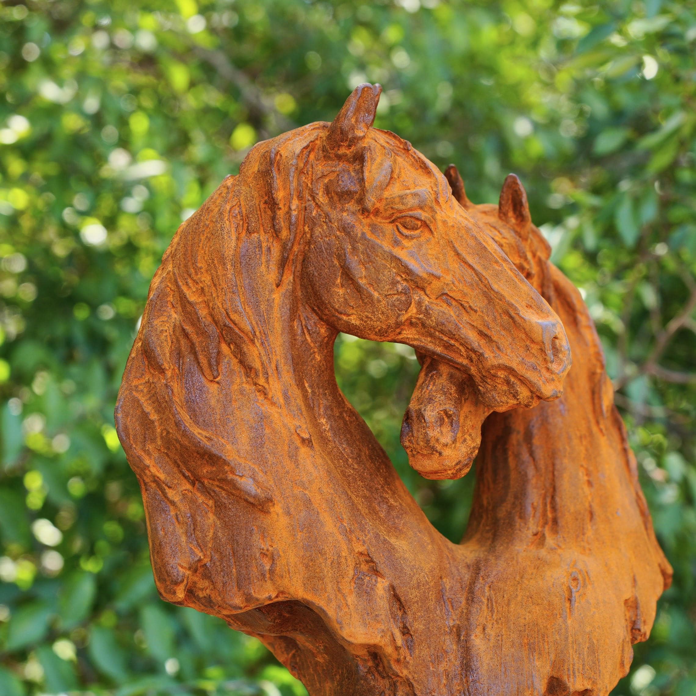 Rustic Metal Horse Sculpture, Double Horse Head Statue, Equestrian Garden Art, Outdoor Horse Decor, Farmhouse Ranch Sculpture