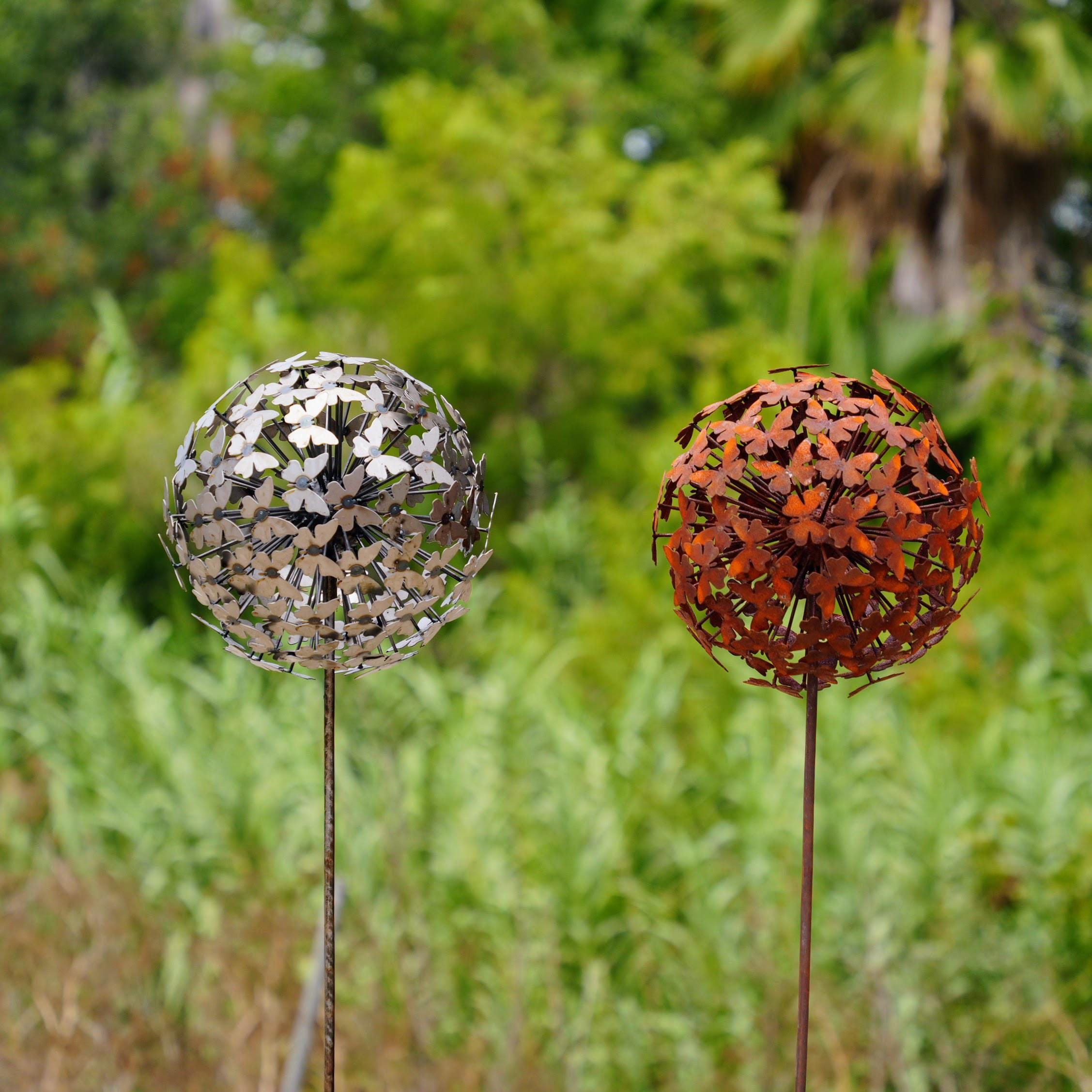 66" Metal Butterfly Garden Sphere Stake, 12" Butterfly Ball Yard Art, Outdoor Garden Sculpture, Rustic Garden Decor, English Garden Ornament