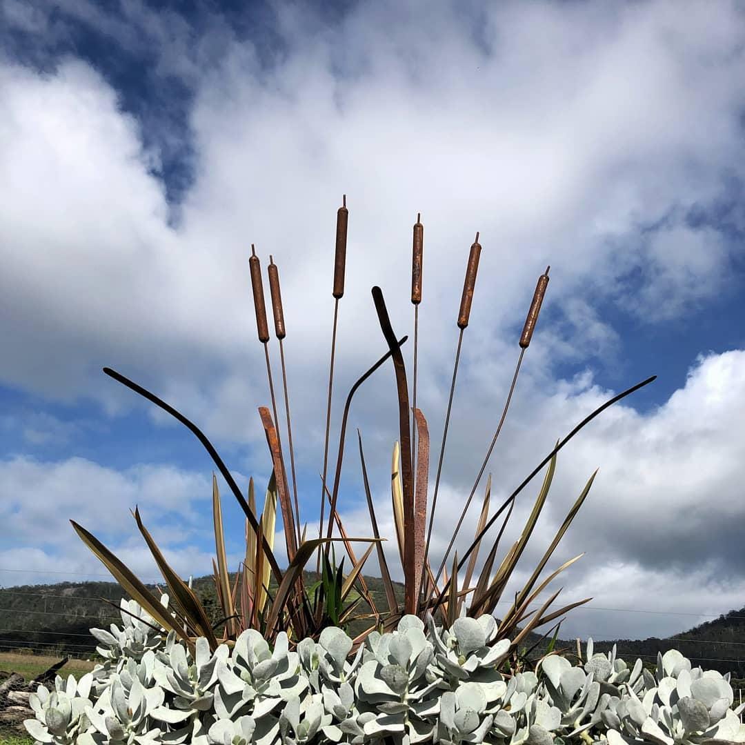 Rusty Metal Cattail Garden Stake, Rustic Reeds Yard Art, Outdoor Garden Sculpture, Cottage Garden Decor, Metal Garden Accent